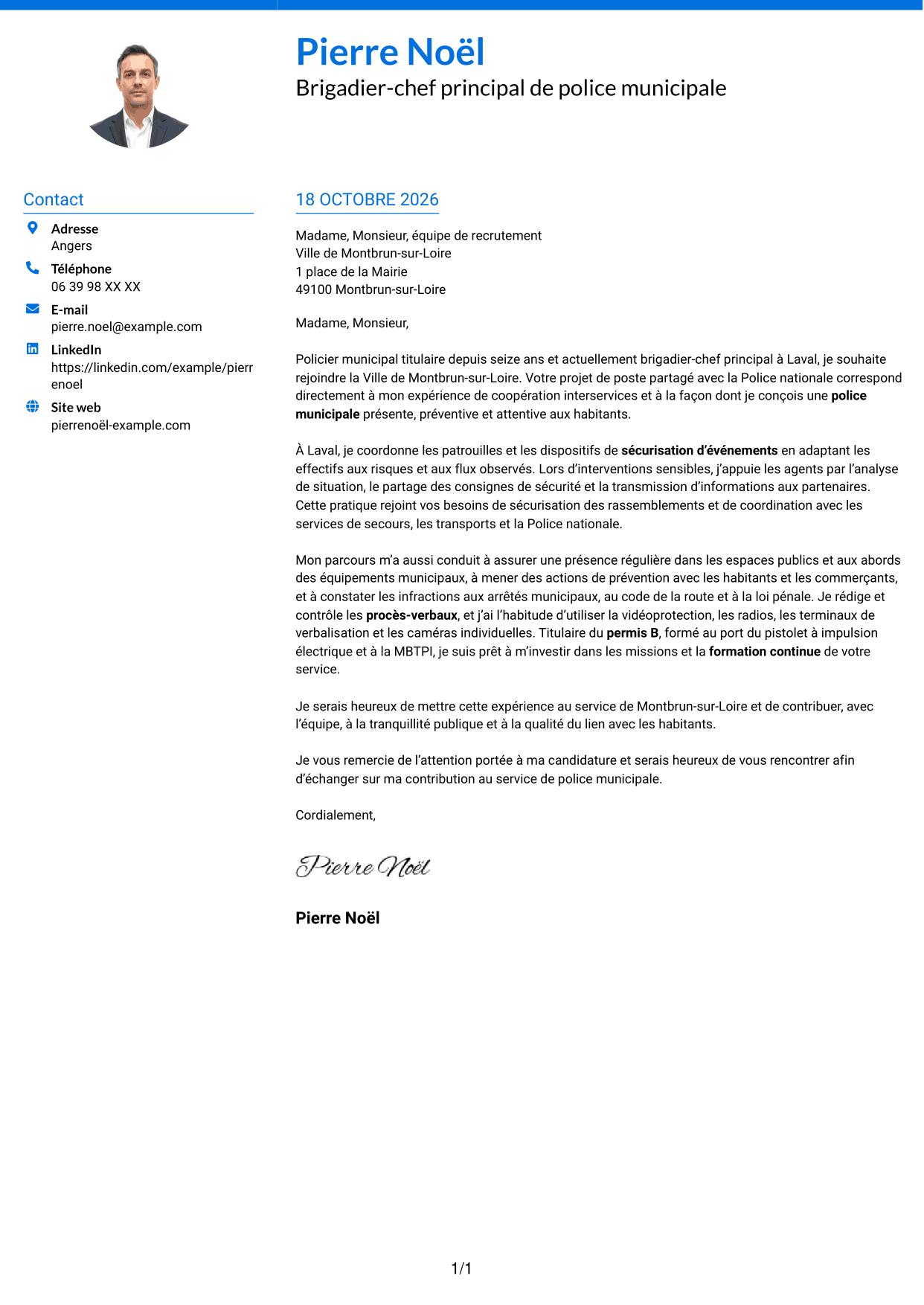 Lettre de motivation Audacieux (format à deux colonnes avec accents colorés et photo) : Gardien de police municipale - Prévention et sécurité publiques, page 1