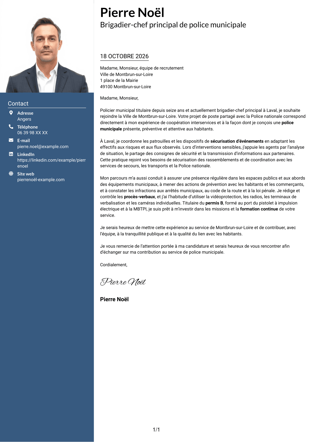 Lettre de motivation Signature (format à colonne latérale colorée avec grande photo) : Gardien de police municipale - Prévention et sécurité publiques, page 1