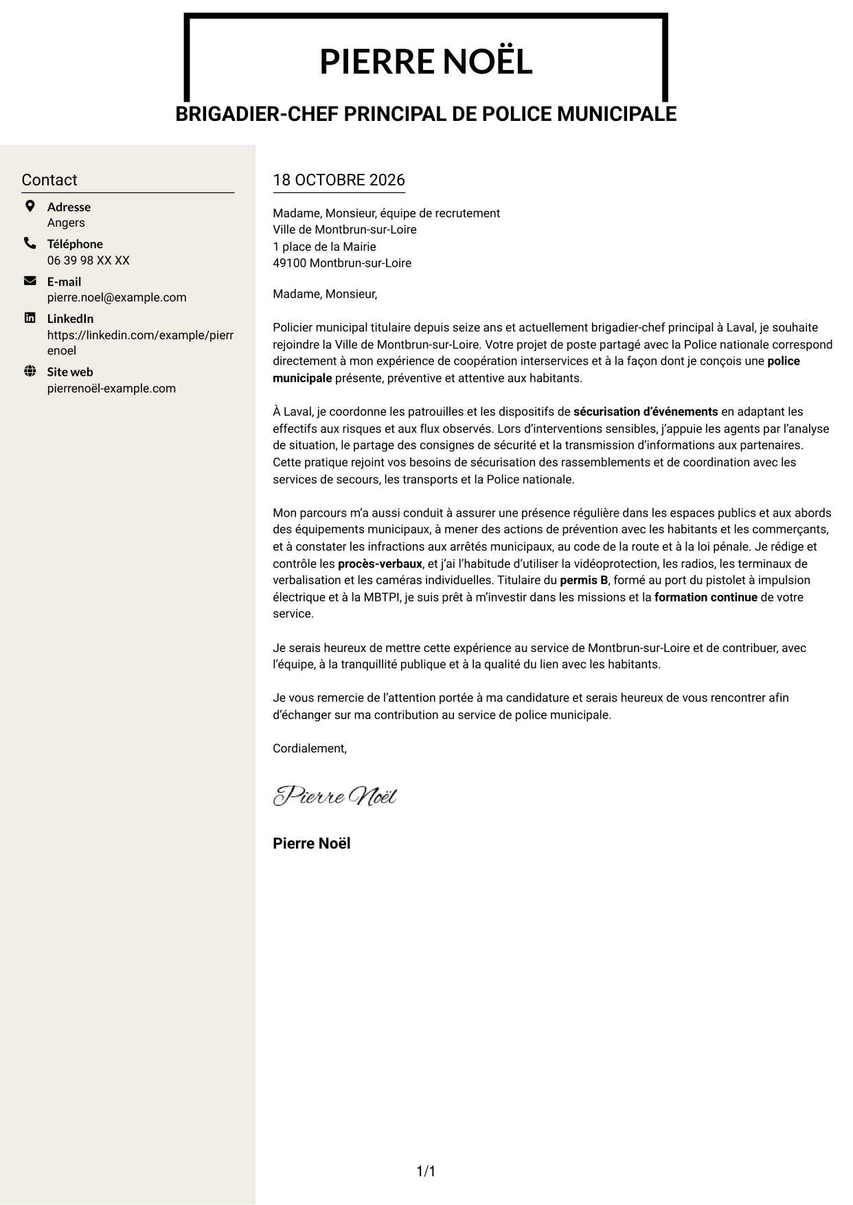 Lettre de motivation Fonceur (format à deux colonnes avec en-tête centré sans photo) : Gardien de police municipale - Prévention et sécurité publiques, page 1