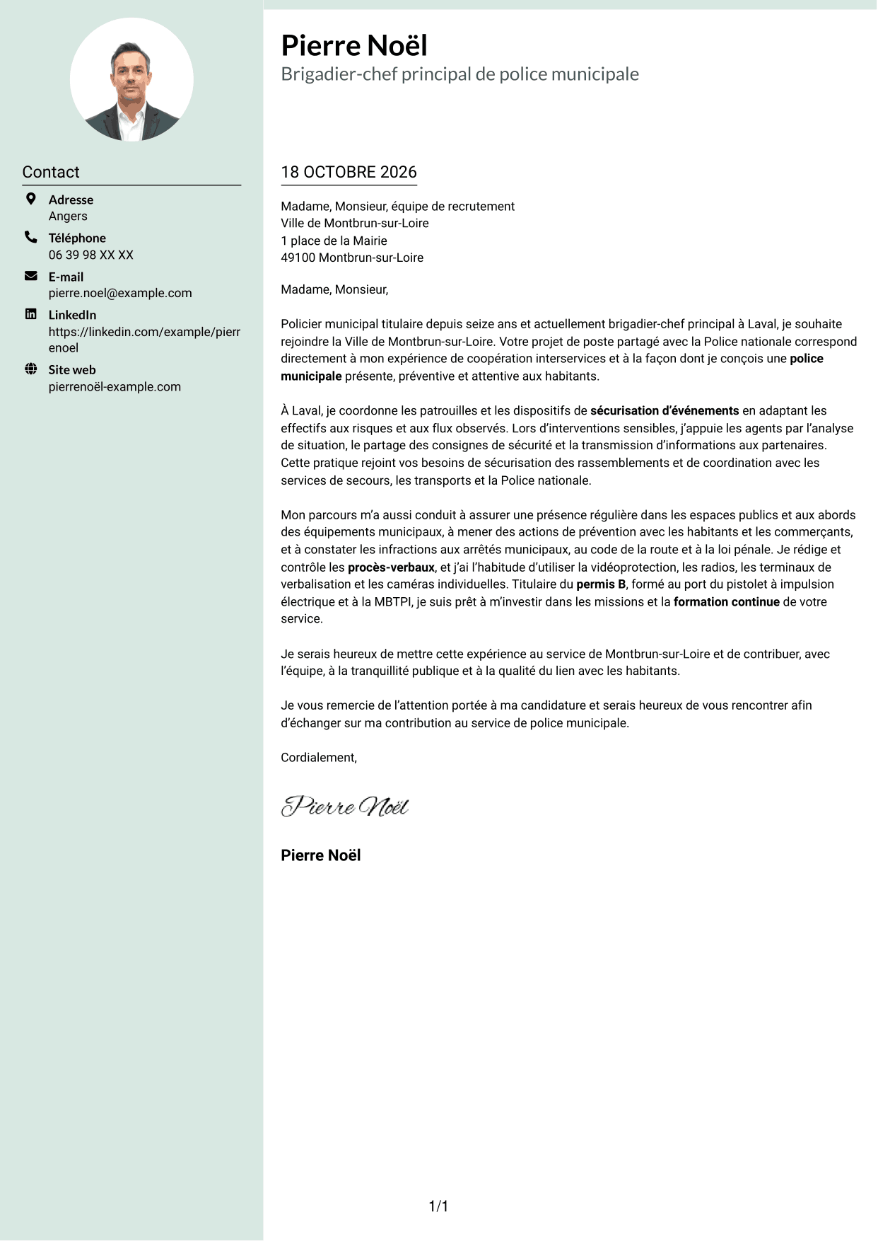Lettre de motivation Cadre (format à colonne latérale douce avec photo arrondie) : Gardien de police municipale - Prévention et sécurité publiques, page 1