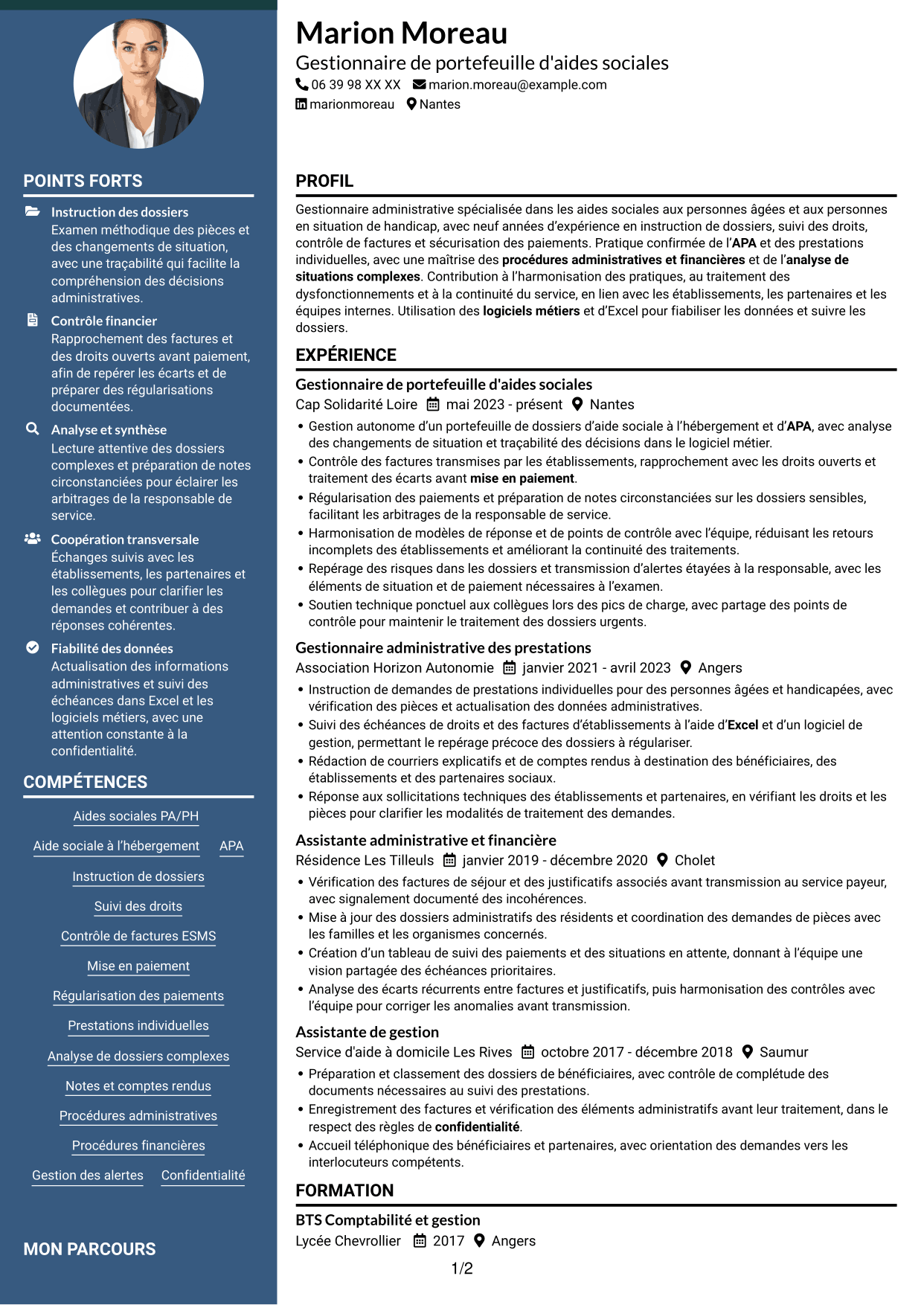 CV Élégant (format à colonne latérale colorée avec photo) : Gestionnaire administratif - Aides sociales PA/PH, page 1