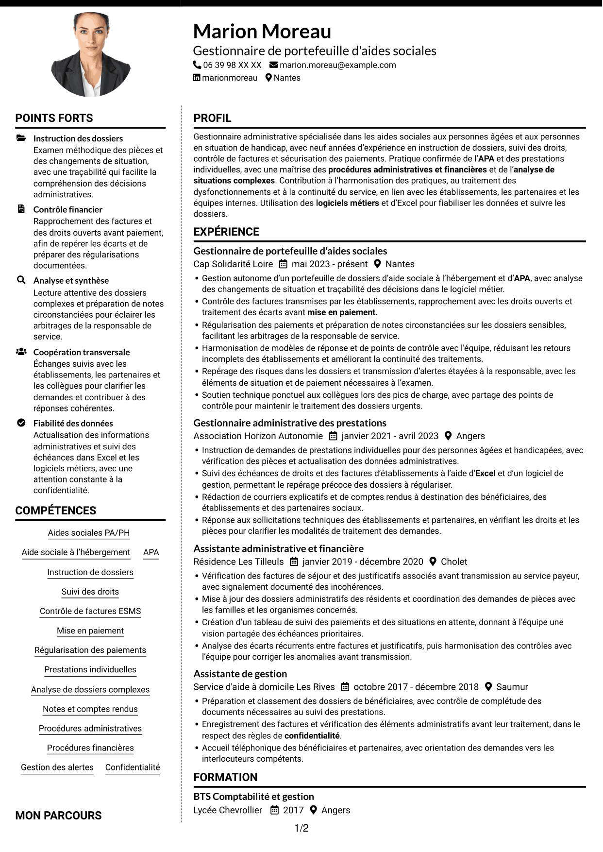 CV Moderne (format à deux colonnes avec photo à gauche et séparateur) : Gestionnaire administratif - Aides sociales PA/PH, page 1