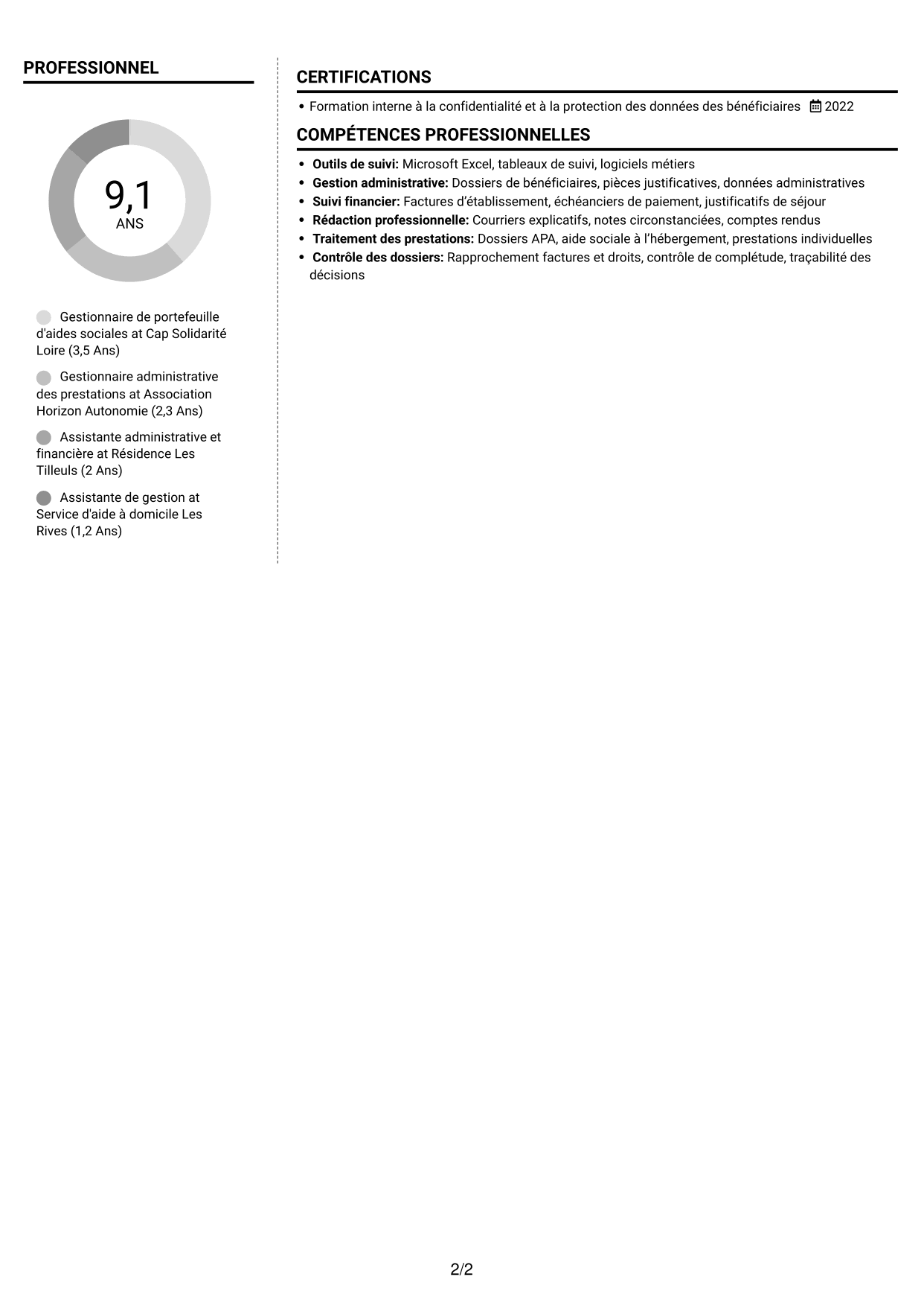 CV Moderne (format à deux colonnes avec photo à gauche et séparateur) : Gestionnaire administratif - Aides sociales PA/PH, page 2