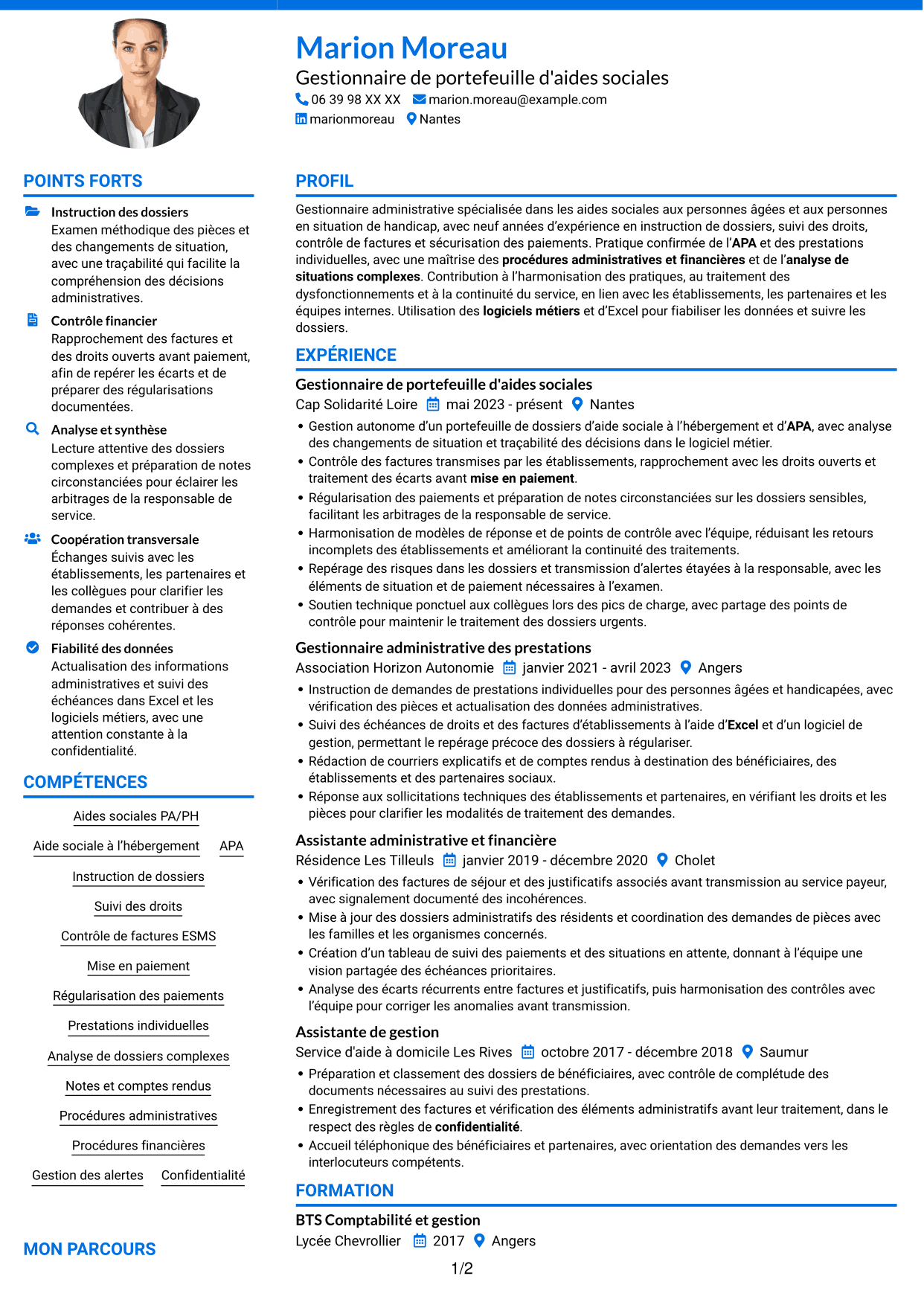 CV Audacieux (format à deux colonnes avec accents colorés et photo) : Gestionnaire administratif - Aides sociales PA/PH, page 1