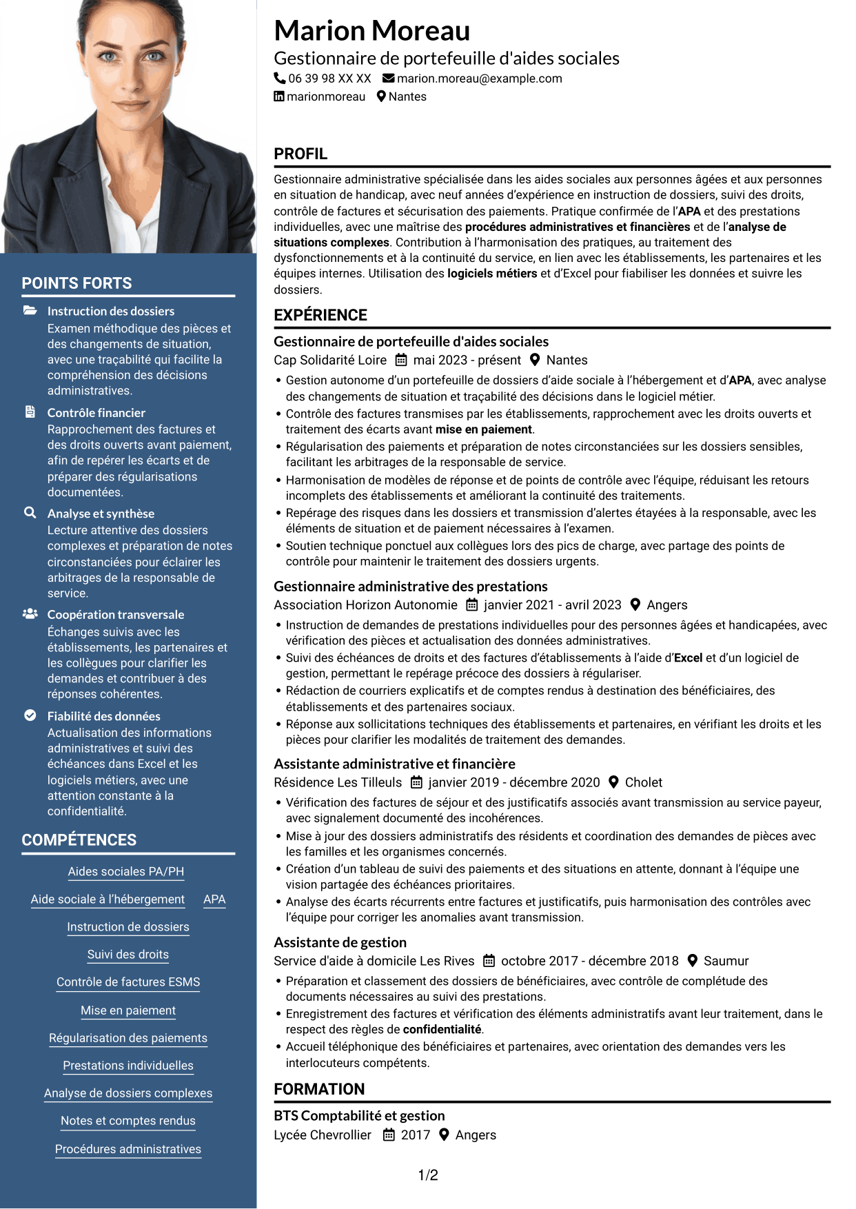 CV Signature (format à colonne latérale colorée avec grande photo) : Gestionnaire administratif - Aides sociales PA/PH, page 1