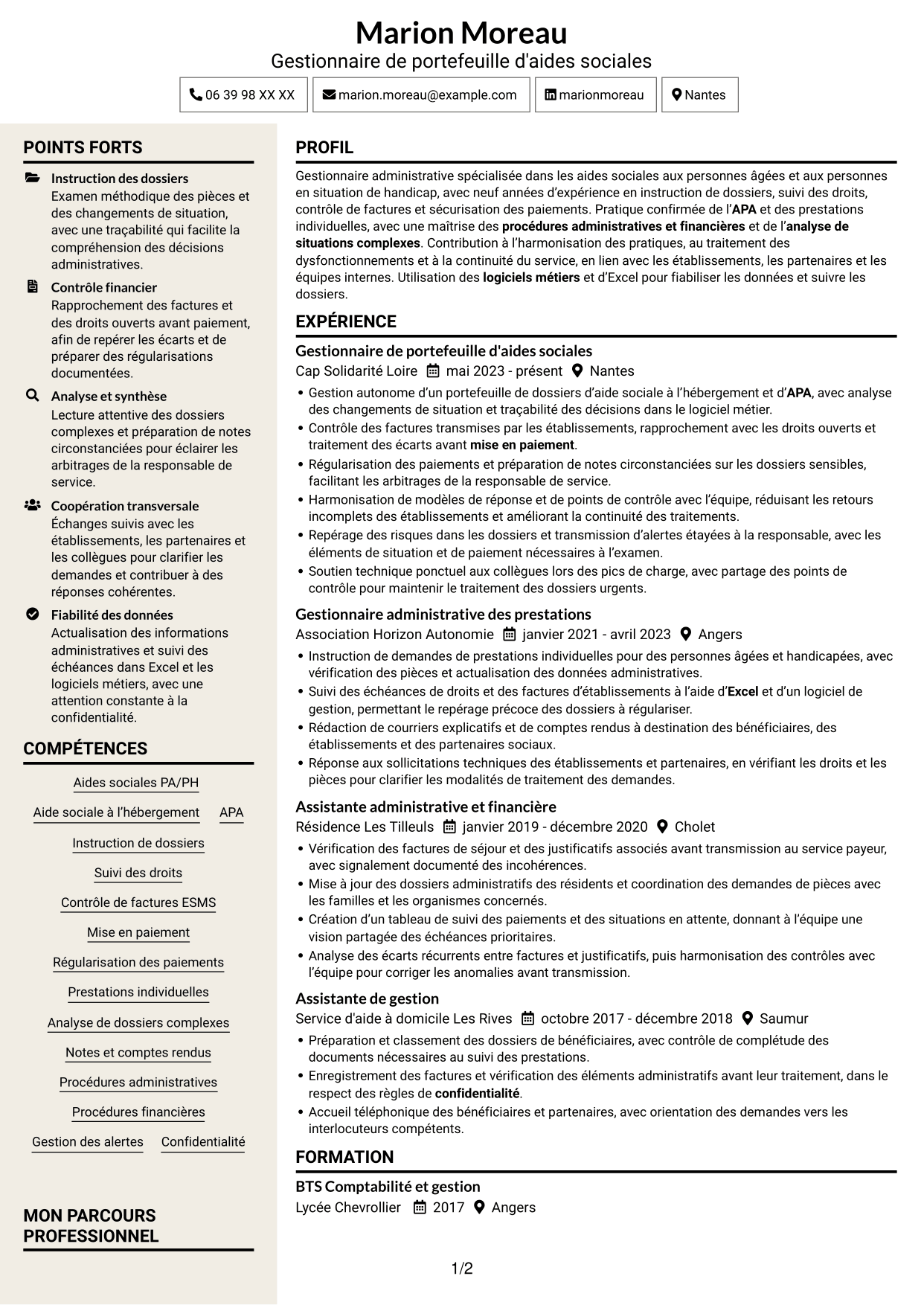CV Fonceur (format à deux colonnes avec en-tête centré sans photo) : Gestionnaire administratif - Aides sociales PA/PH, page 1