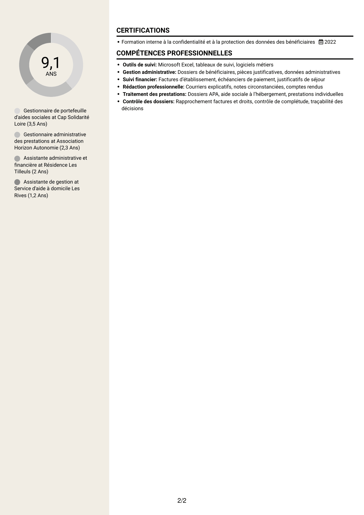 CV Fonceur (format à deux colonnes avec en-tête centré sans photo) : Gestionnaire administratif - Aides sociales PA/PH, page 2