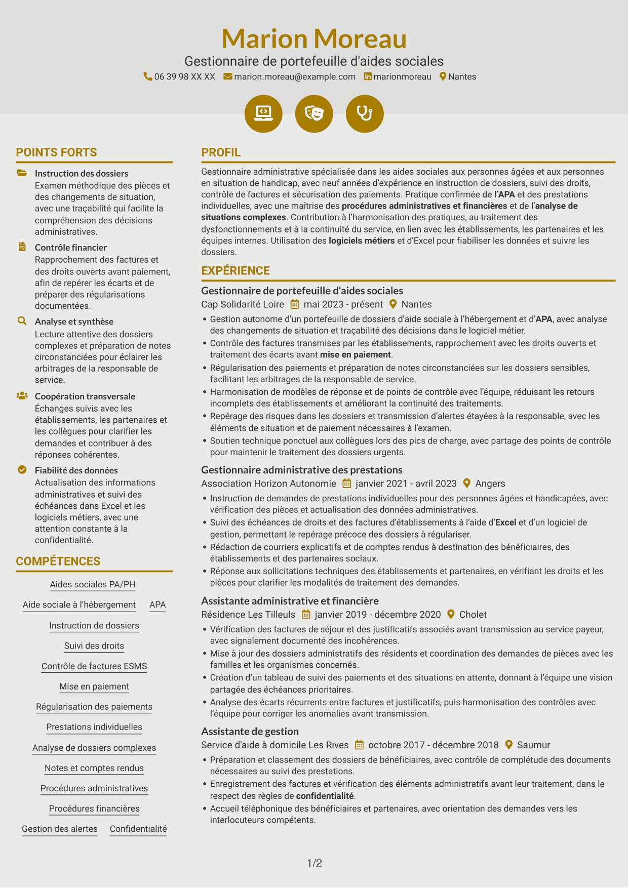 CV Dynamique (format à deux colonnes avec icônes) : Gestionnaire administratif - Aides sociales PA/PH, page 1