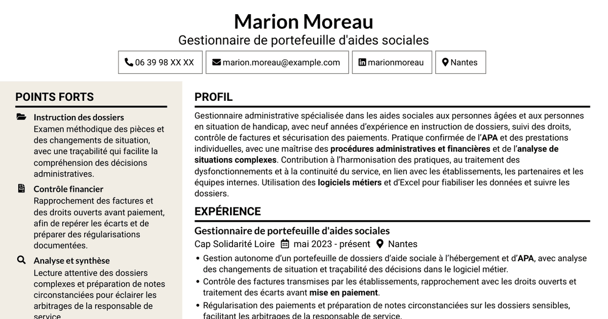 7 modèles de CV pour Gestionnaire administratif - Aides sociales PA/PH, avec exemples