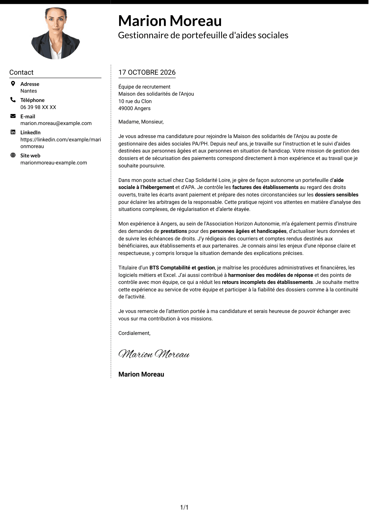 Lettre de motivation Moderne (format à deux colonnes avec photo à gauche et séparateur) : Gestionnaire administratif - Aides sociales PA/PH, page 1