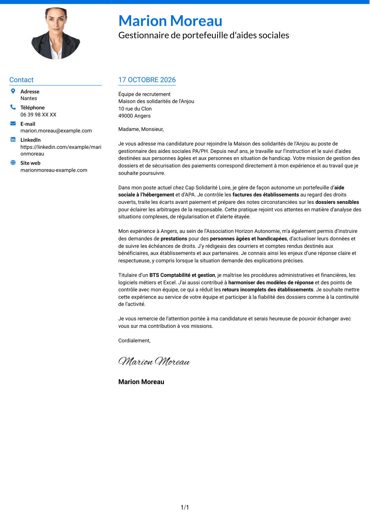 Lettre de motivation Audacieux (format à deux colonnes avec accents colorés et photo) : Gestionnaire administratif - Aides sociales PA/PH, page 1