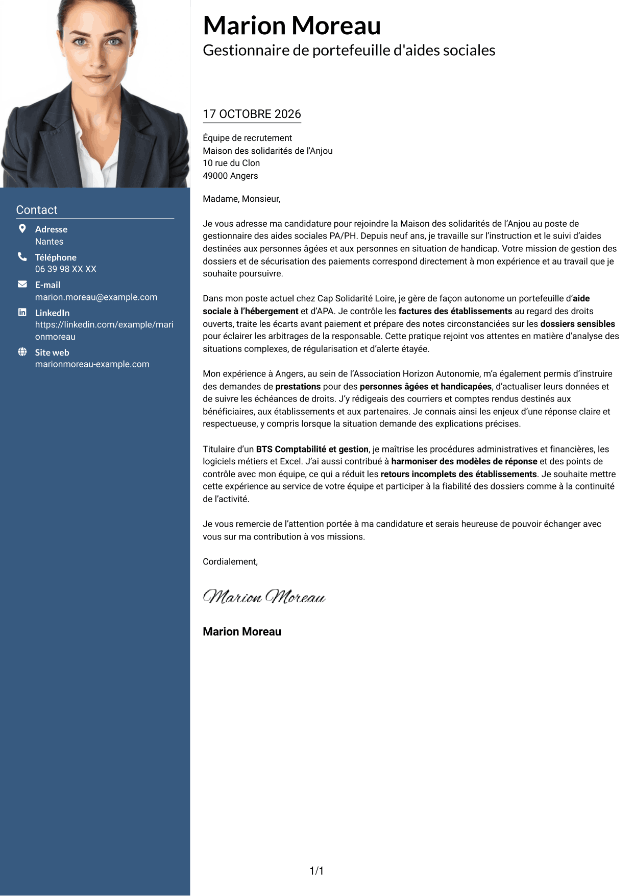 Lettre de motivation Signature (format à colonne latérale colorée avec grande photo) : Gestionnaire administratif - Aides sociales PA/PH, page 1