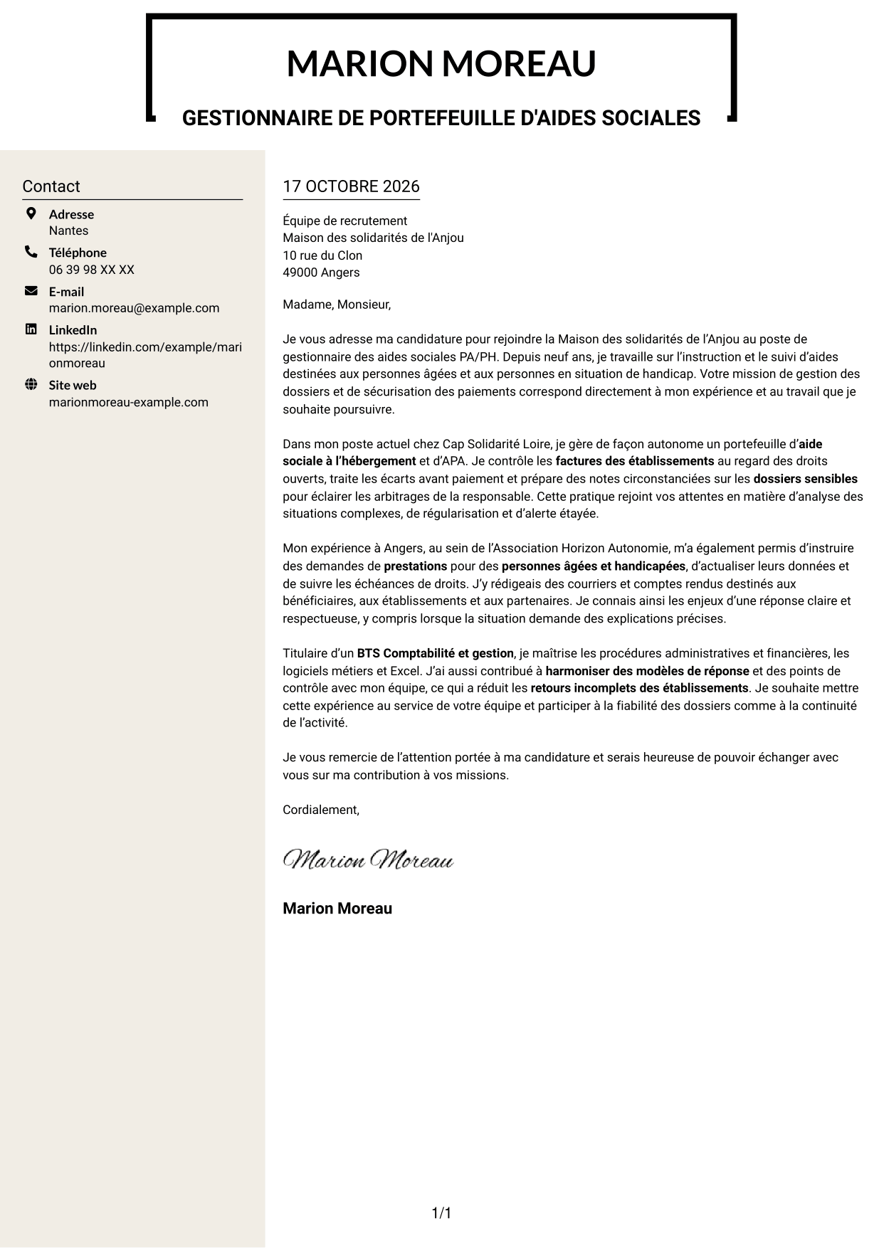 Lettre de motivation Fonceur (format à deux colonnes avec en-tête centré sans photo) : Gestionnaire administratif - Aides sociales PA/PH, page 1