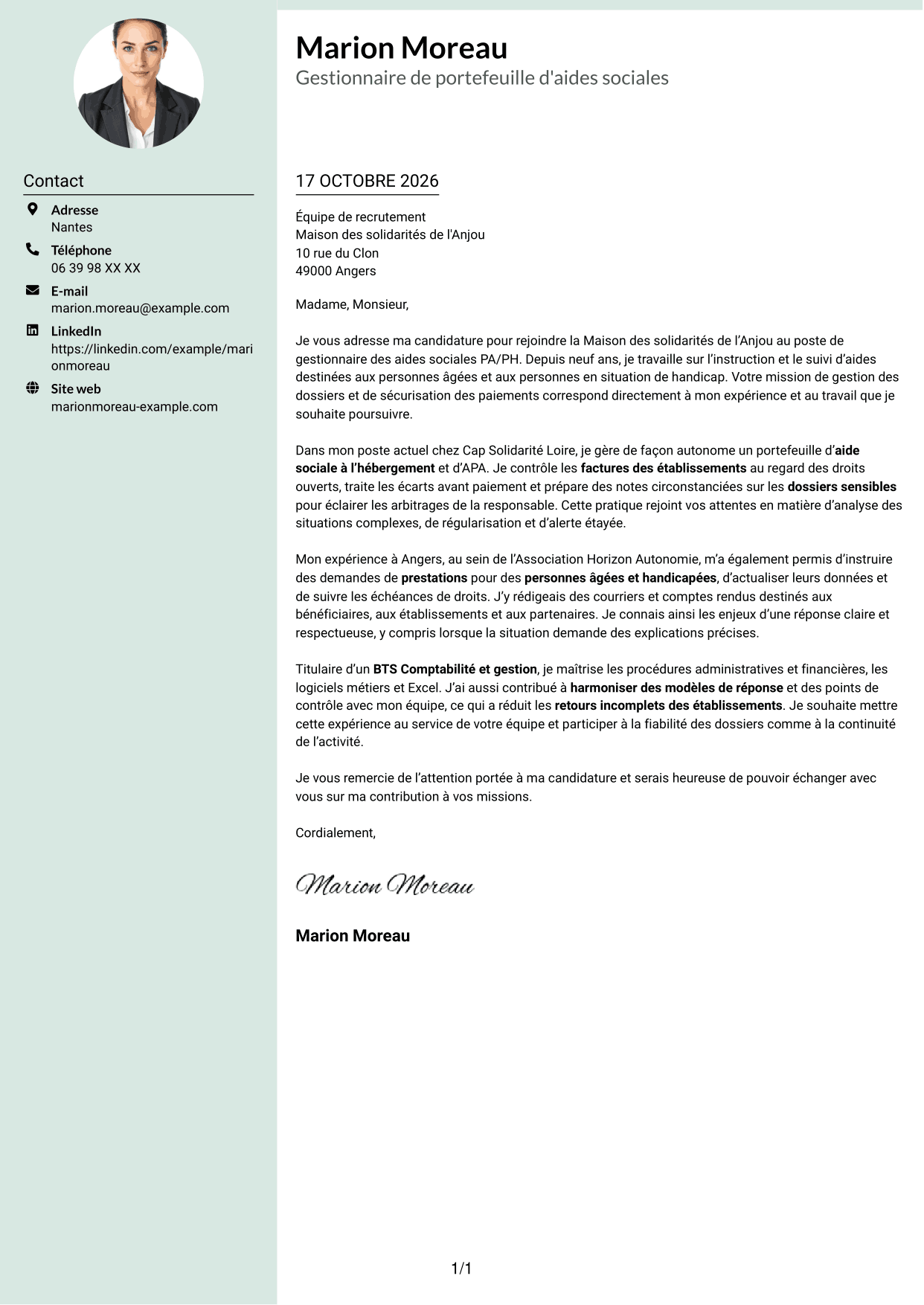 Lettre de motivation Cadre (format à colonne latérale douce avec photo arrondie) : Gestionnaire administratif - Aides sociales PA/PH, page 1