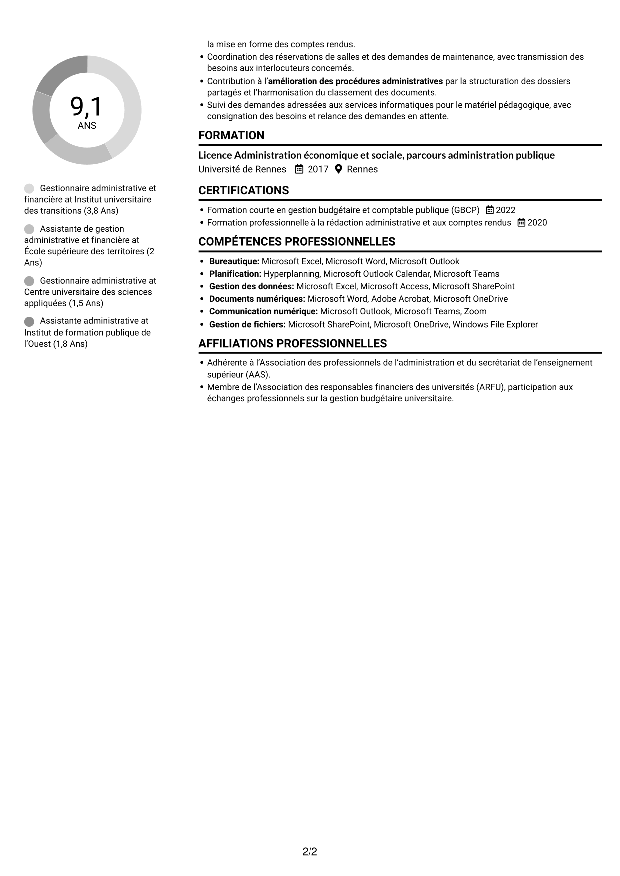 CV Compact (format sobre à deux colonnes avec photo) : Gestionnaire administratif et financier - Enseignement supérieur, page 2