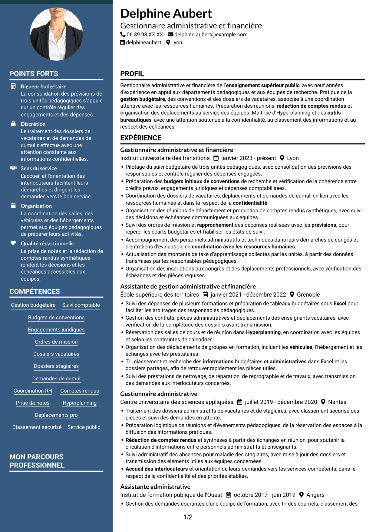 CV Élégant (format à colonne latérale colorée avec photo) : Gestionnaire administratif et financier - Enseignement supérieur, page 1