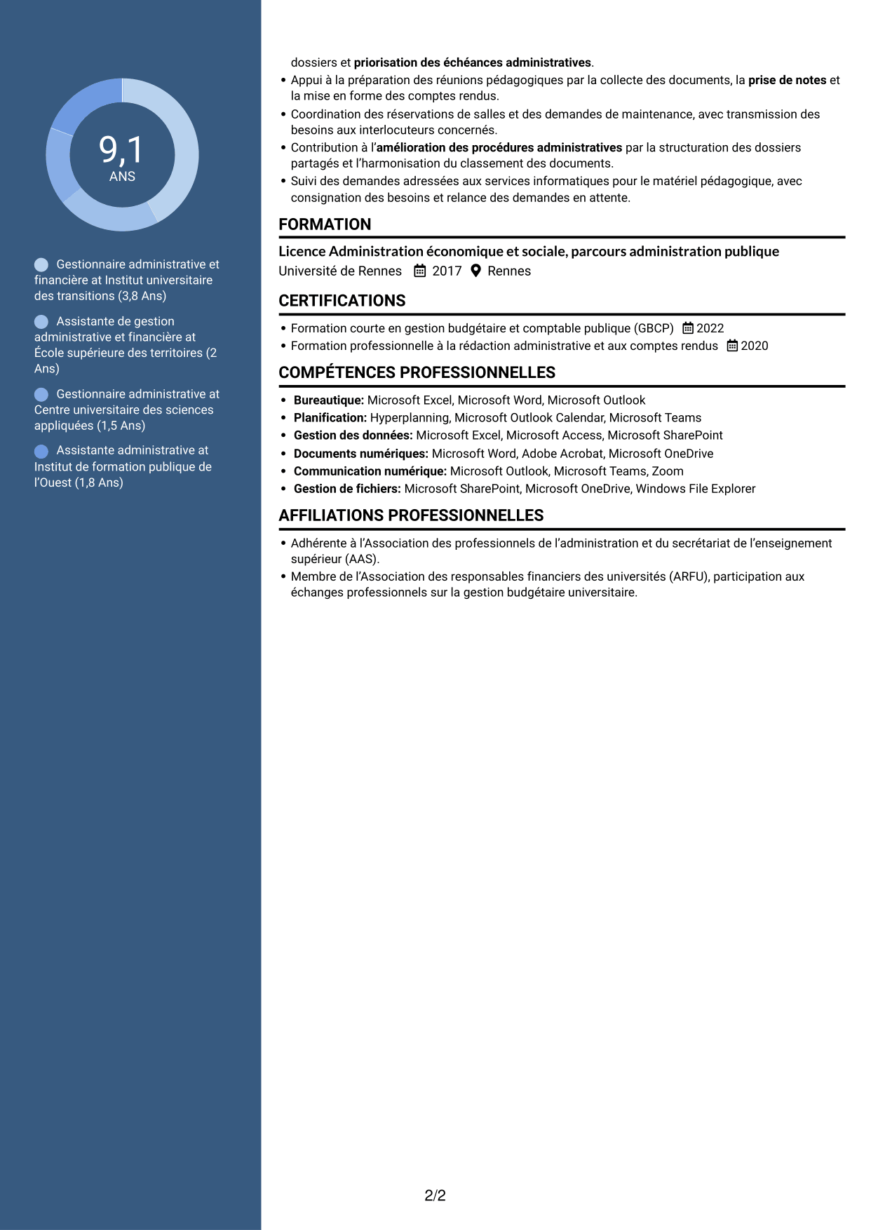 CV Élégant (format à colonne latérale colorée avec photo) : Gestionnaire administratif et financier - Enseignement supérieur, page 2