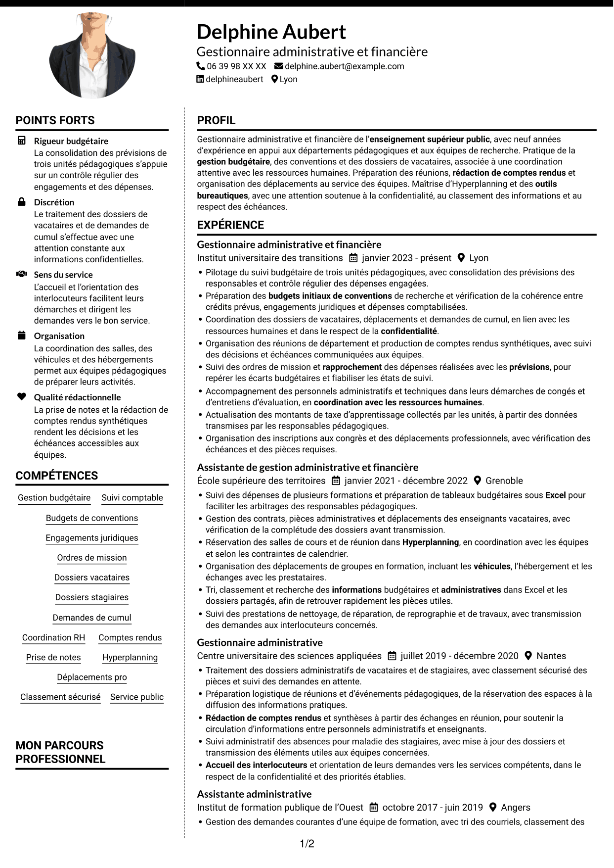 CV Moderne (format à deux colonnes avec photo à gauche et séparateur) : Gestionnaire administratif et financier - Enseignement supérieur, page 1