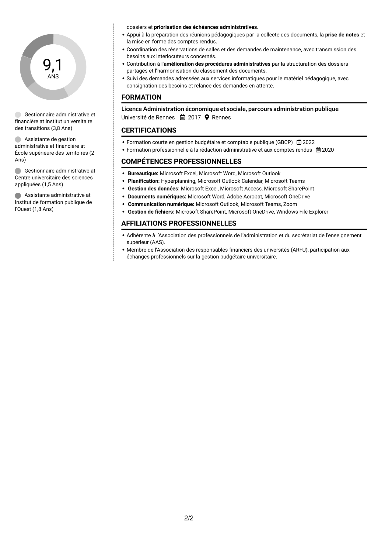 CV Moderne (format à deux colonnes avec photo à gauche et séparateur) : Gestionnaire administratif et financier - Enseignement supérieur, page 2