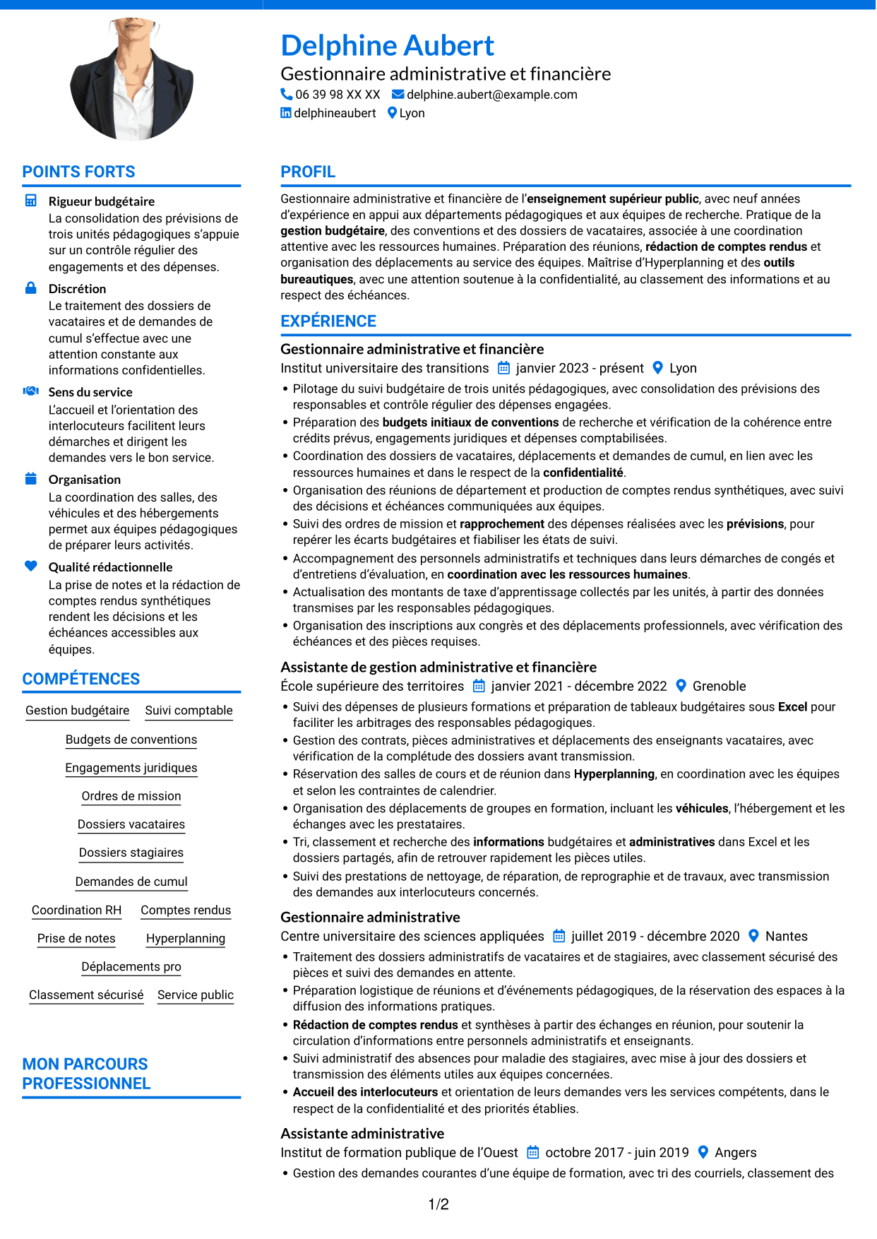 CV Audacieux (format à deux colonnes avec accents colorés et photo) : Gestionnaire administratif et financier - Enseignement supérieur, page 1