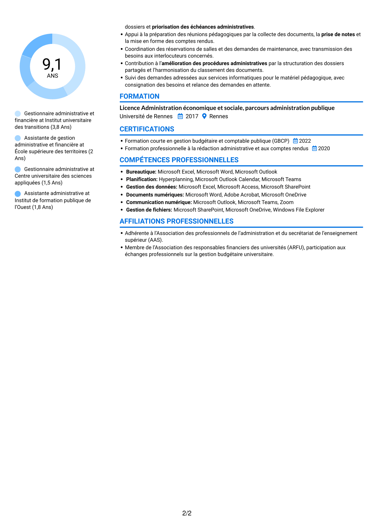 CV Audacieux (format à deux colonnes avec accents colorés et photo) : Gestionnaire administratif et financier - Enseignement supérieur, page 2