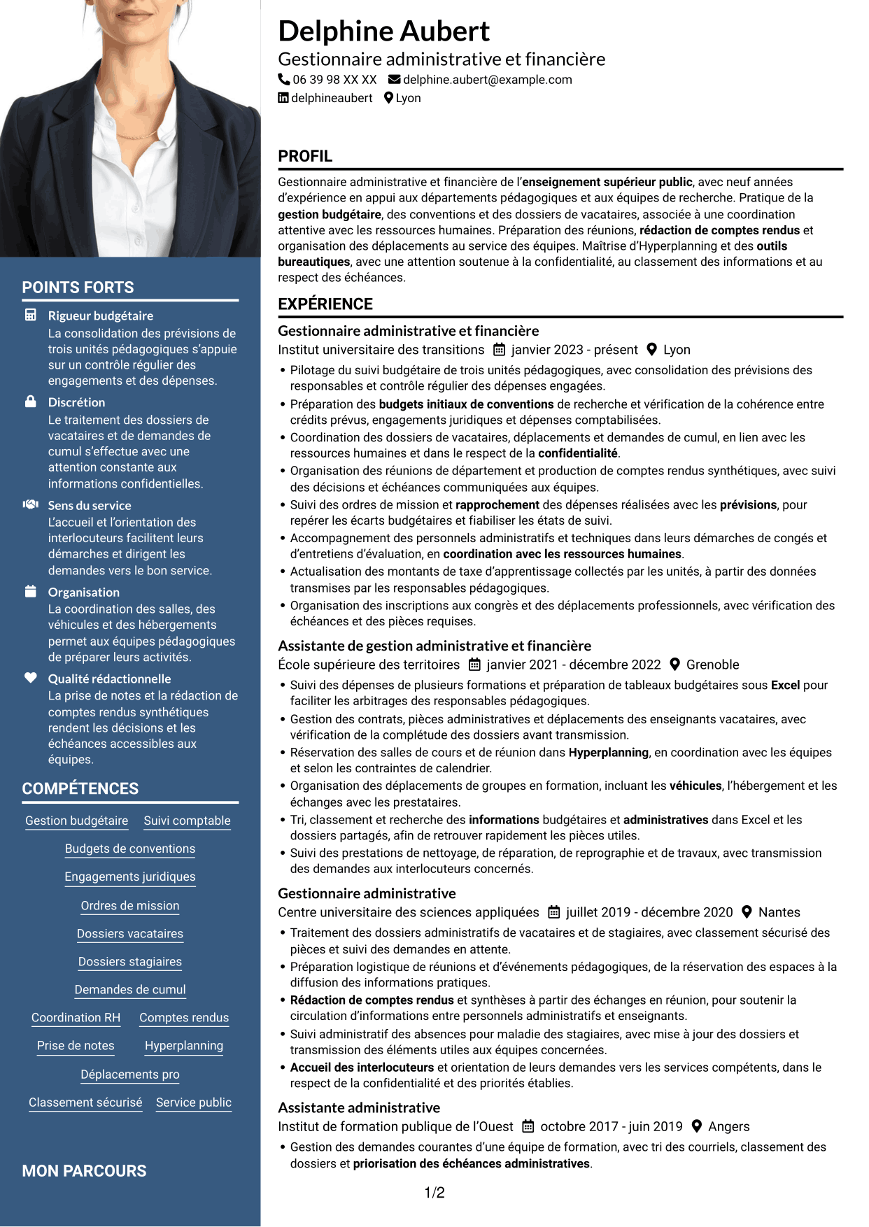 CV Signature (format à colonne latérale colorée avec grande photo) : Gestionnaire administratif et financier - Enseignement supérieur, page 1