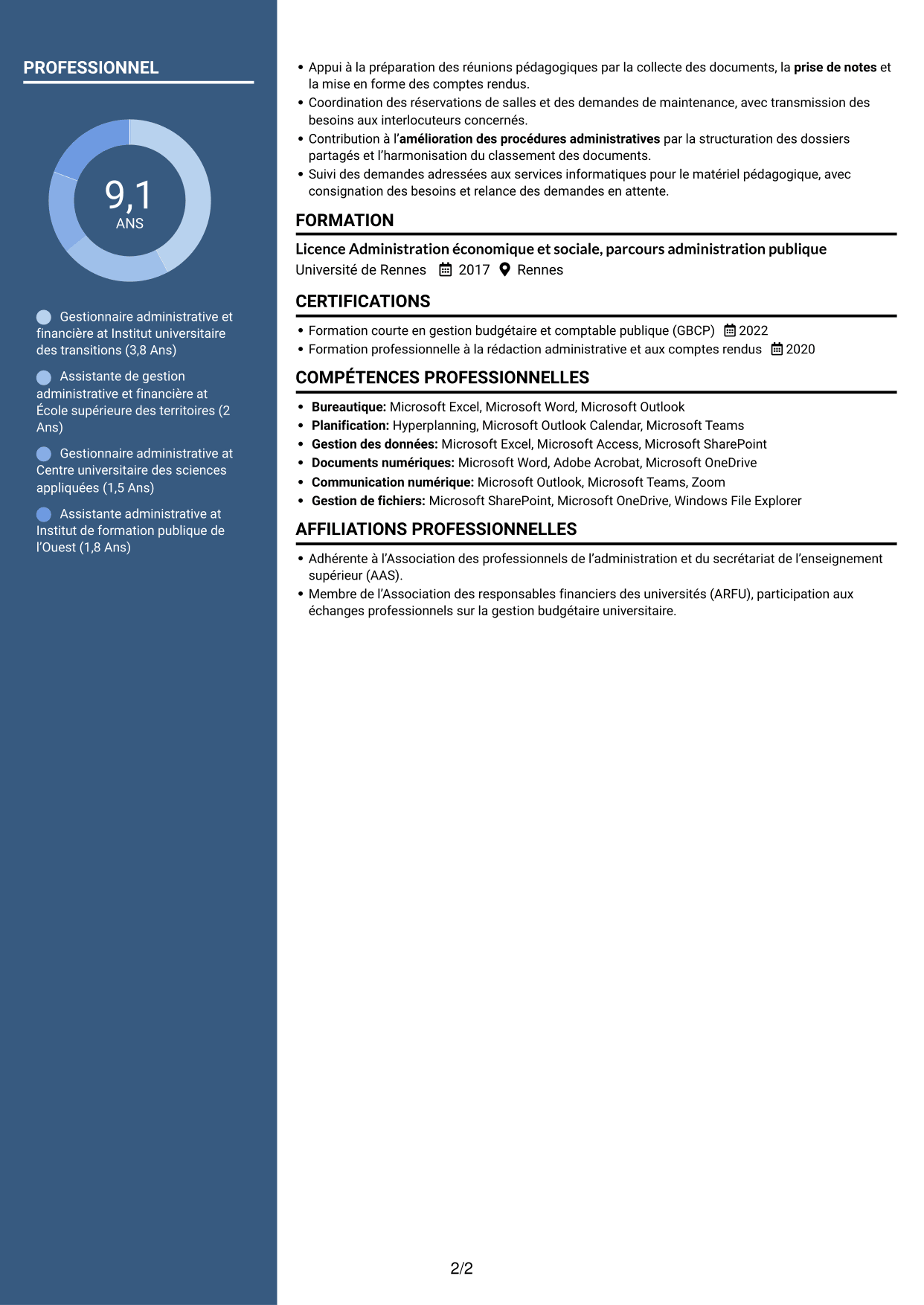 CV Signature (format à colonne latérale colorée avec grande photo) : Gestionnaire administratif et financier - Enseignement supérieur, page 2