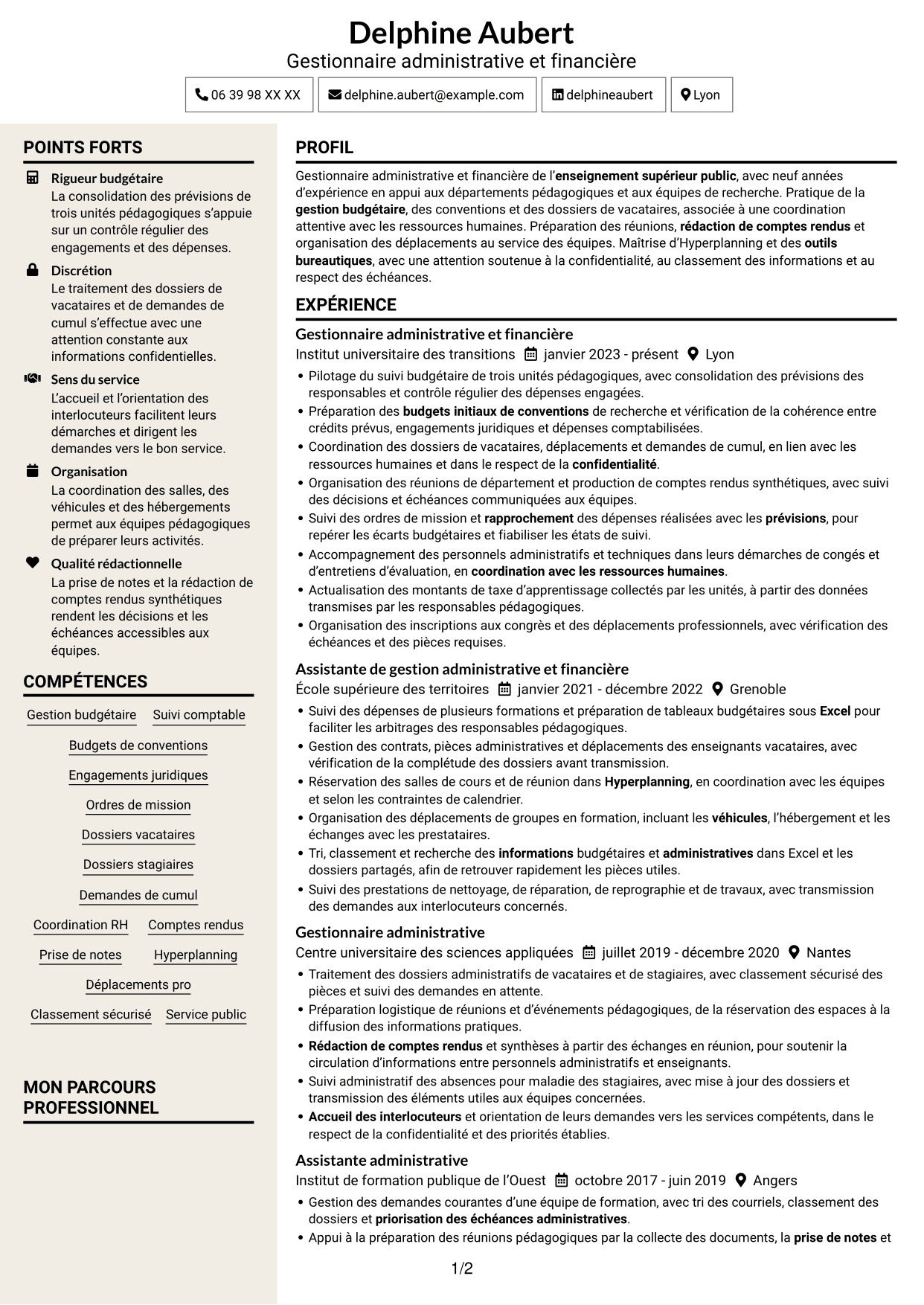 CV Fonceur (format à deux colonnes avec en-tête centré sans photo) : Gestionnaire administratif et financier - Enseignement supérieur, page 1