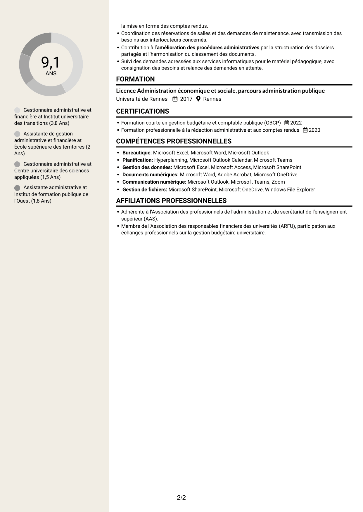 CV Fonceur (format à deux colonnes avec en-tête centré sans photo) : Gestionnaire administratif et financier - Enseignement supérieur, page 2