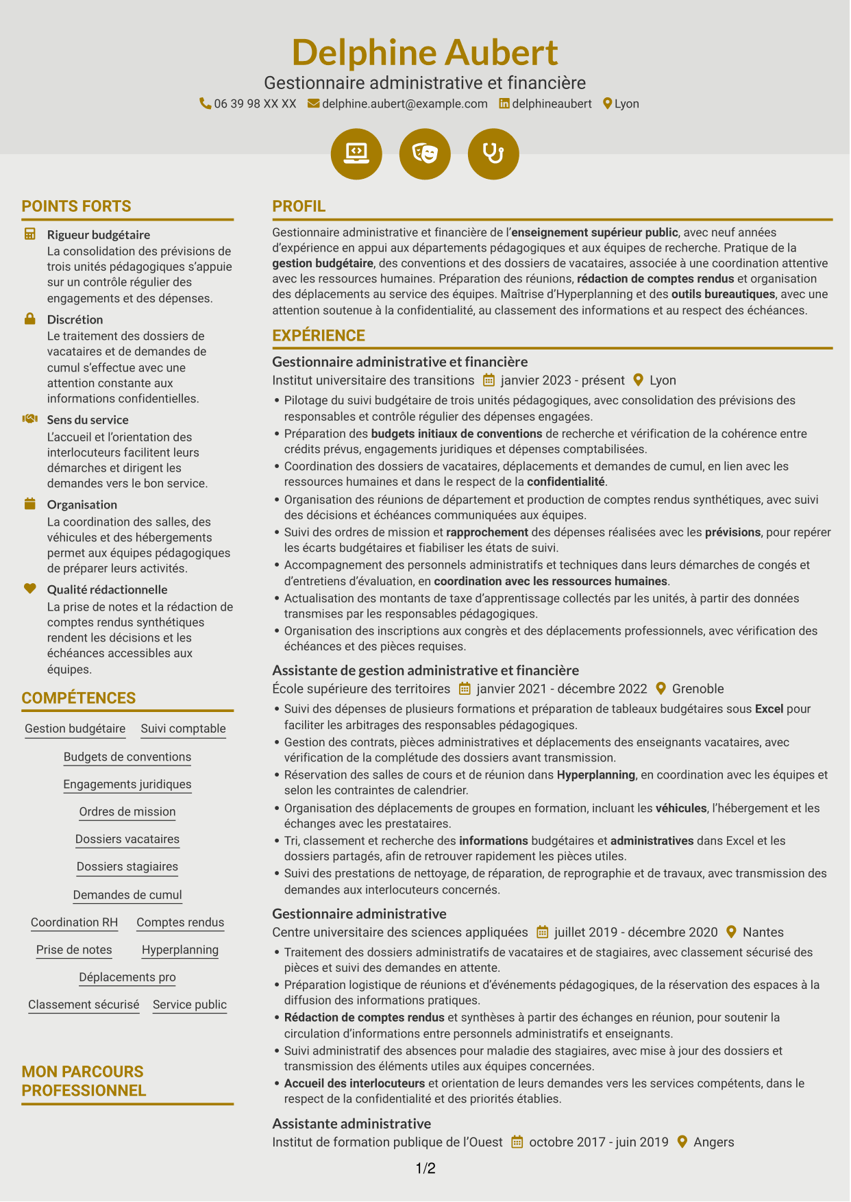 CV Dynamique (format à deux colonnes avec icônes) : Gestionnaire administratif et financier - Enseignement supérieur, page 1