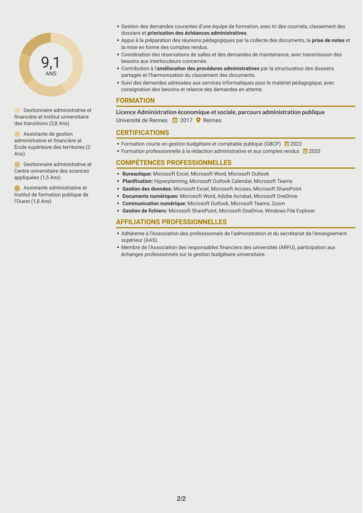 CV Dynamique (format à deux colonnes avec icônes) : Gestionnaire administratif et financier - Enseignement supérieur, page 2