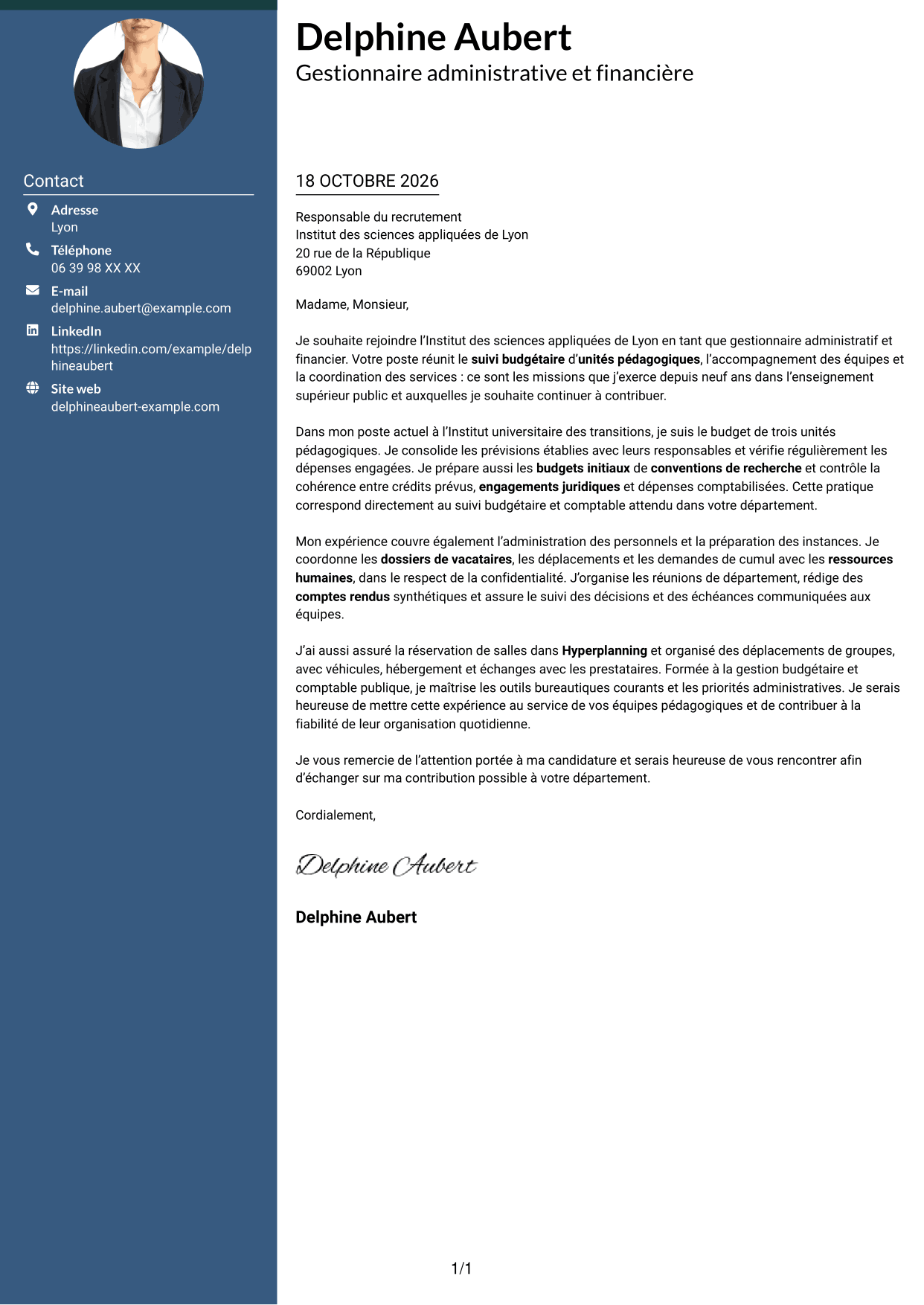 Lettre de motivation Élégant (format à colonne latérale colorée avec photo) : Gestionnaire administratif et financier - Enseignement supérieur, page 1