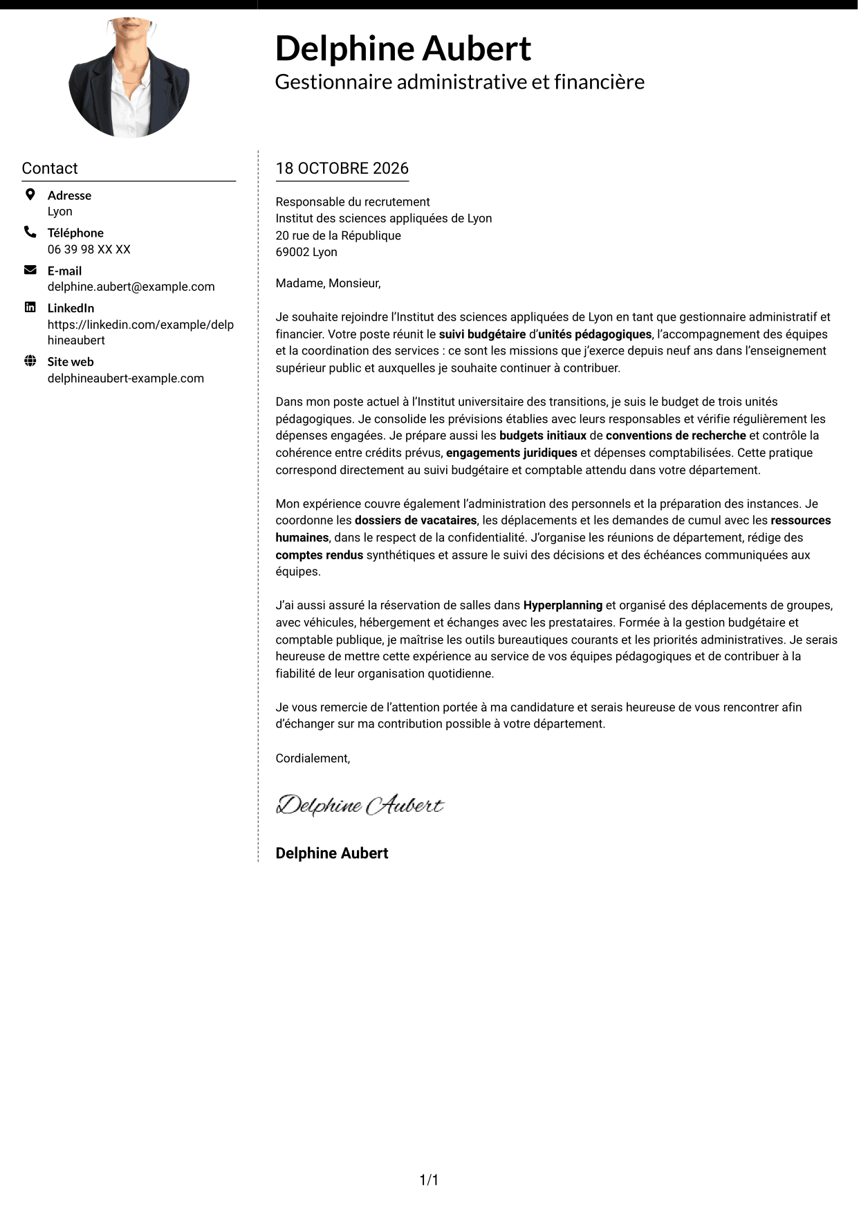 Lettre de motivation Moderne (format à deux colonnes avec photo à gauche et séparateur) : Gestionnaire administratif et financier - Enseignement supérieur, page 1