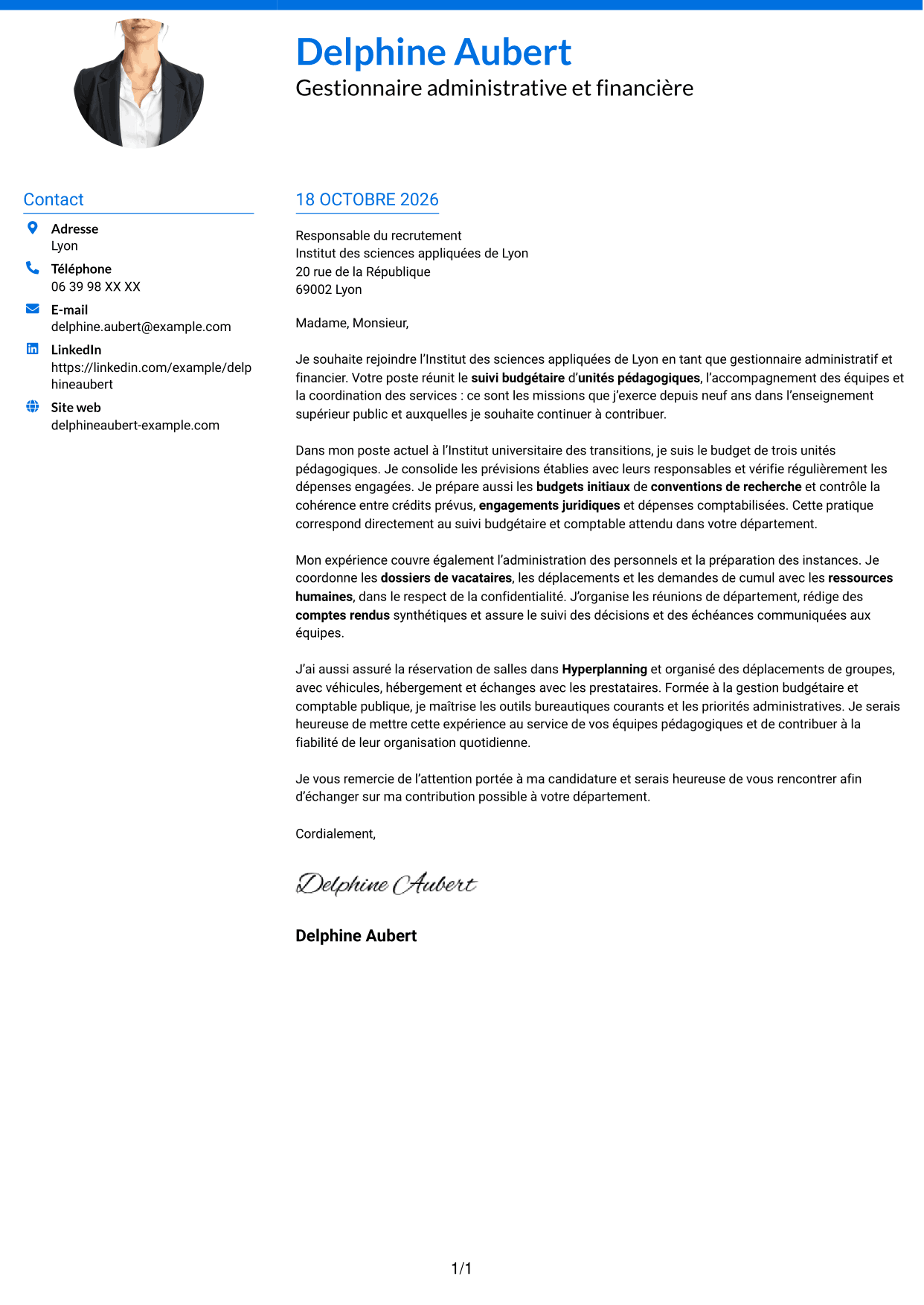 Lettre de motivation Audacieux (format à deux colonnes avec accents colorés et photo) : Gestionnaire administratif et financier - Enseignement supérieur, page 1