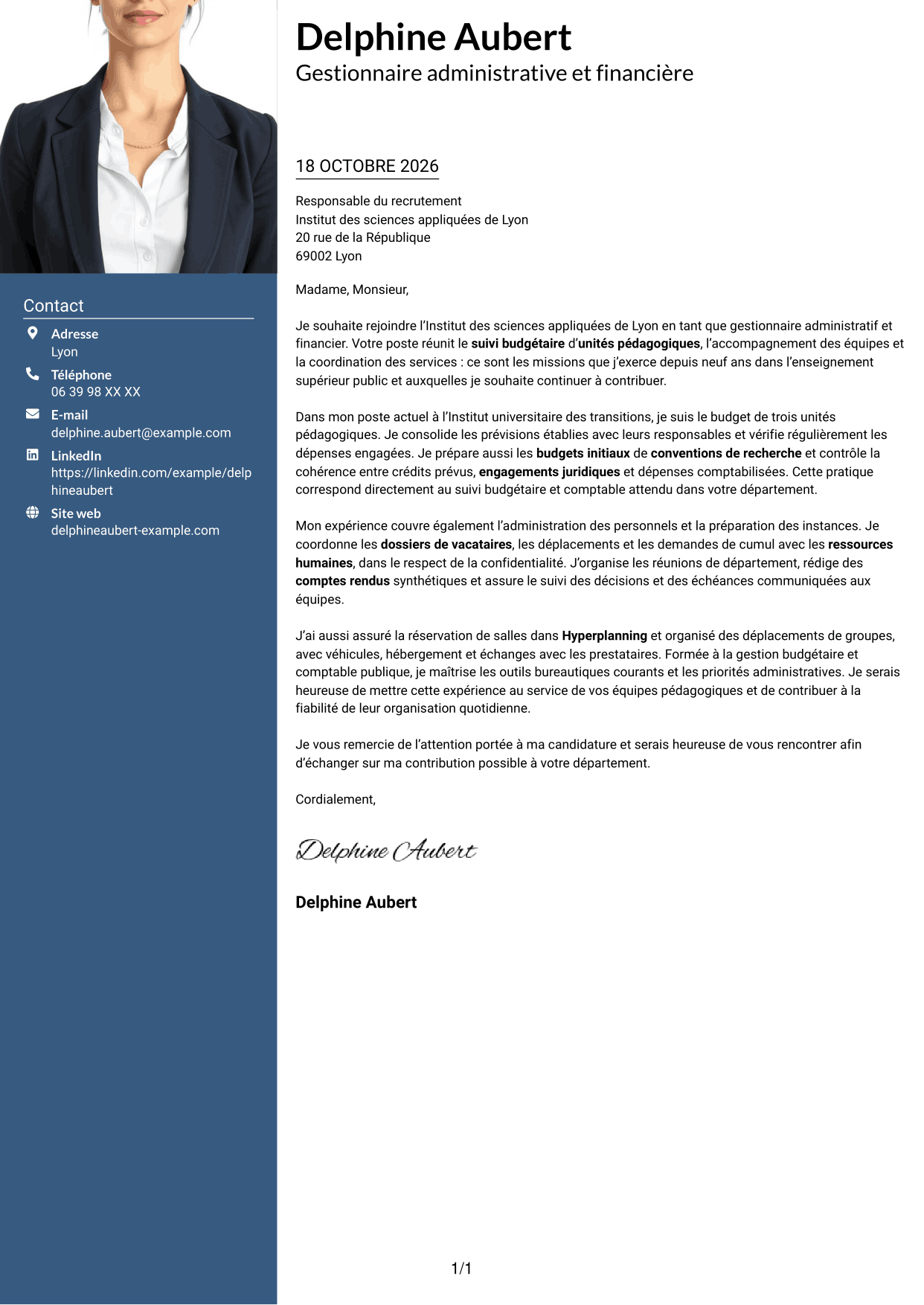 Lettre de motivation Signature (format à colonne latérale colorée avec grande photo) : Gestionnaire administratif et financier - Enseignement supérieur, page 1