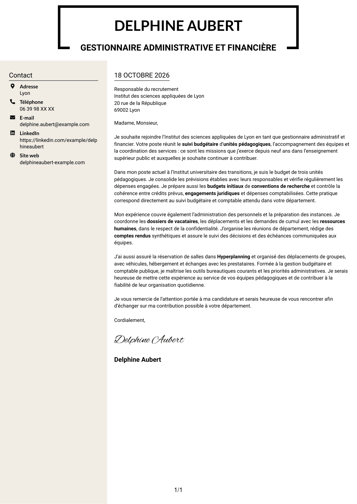 Lettre de motivation Fonceur (format à deux colonnes avec en-tête centré sans photo) : Gestionnaire administratif et financier - Enseignement supérieur, page 1