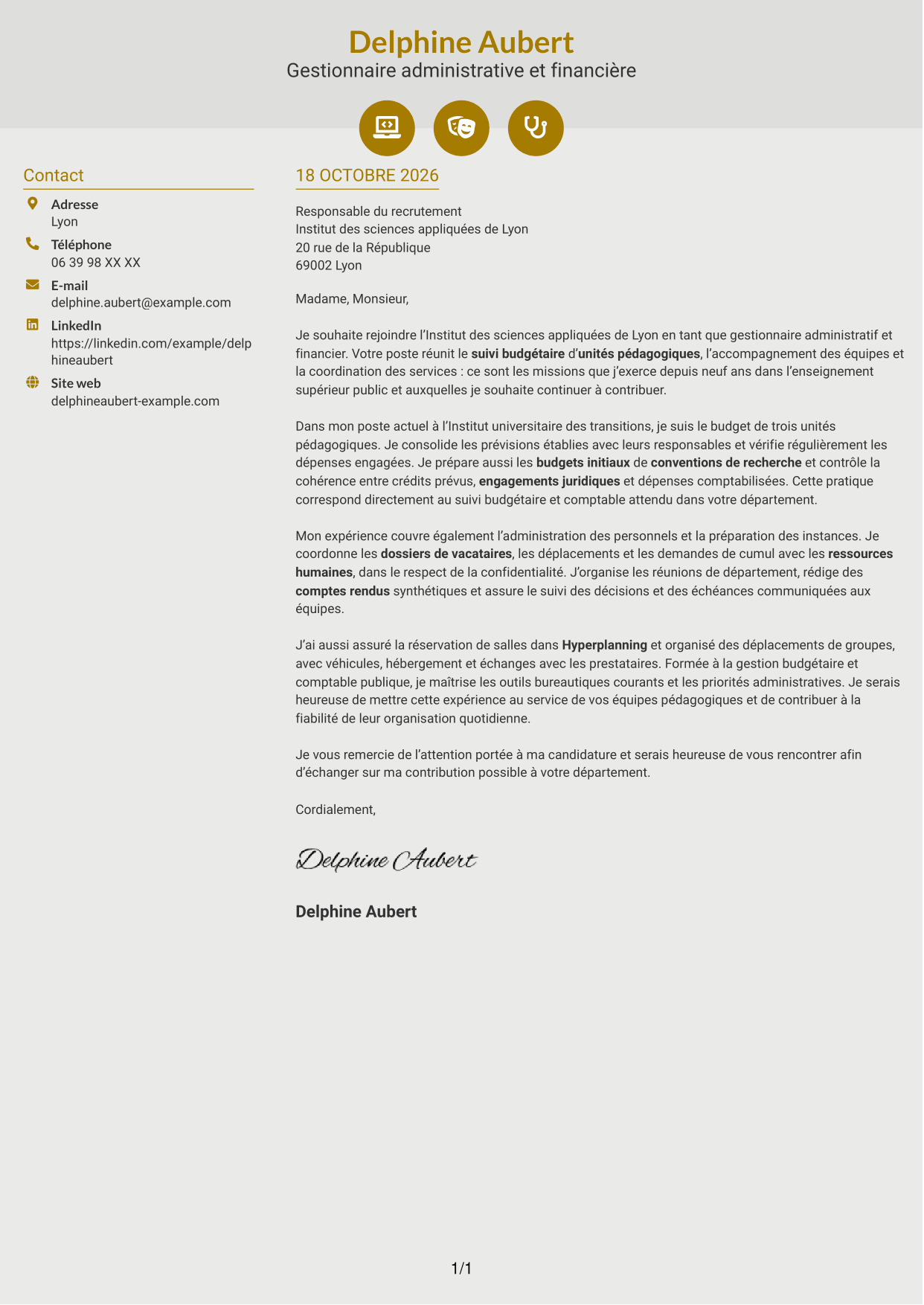 Lettre de motivation Dynamique (format à deux colonnes avec icônes) : Gestionnaire administratif et financier - Enseignement supérieur, page 1