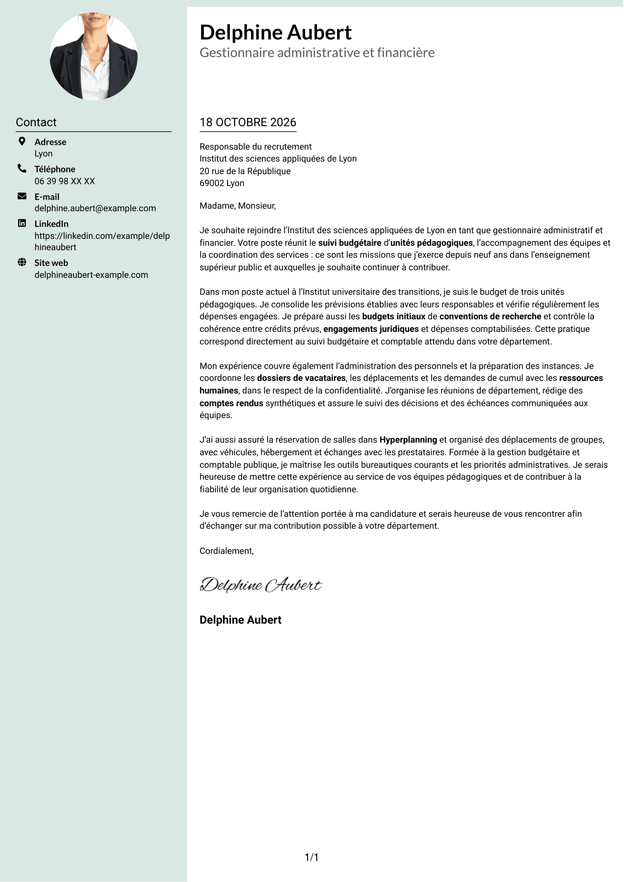 Lettre de motivation Cadre (format à colonne latérale douce avec photo arrondie) : Gestionnaire administratif et financier - Enseignement supérieur, page 1