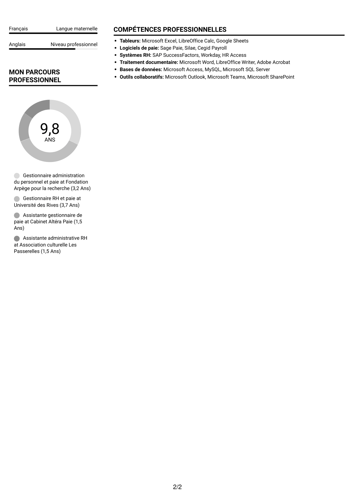 CV Compact (format sobre à deux colonnes avec photo) : Gestionnaire administration du personnel et paie - Recherche publique, page 2