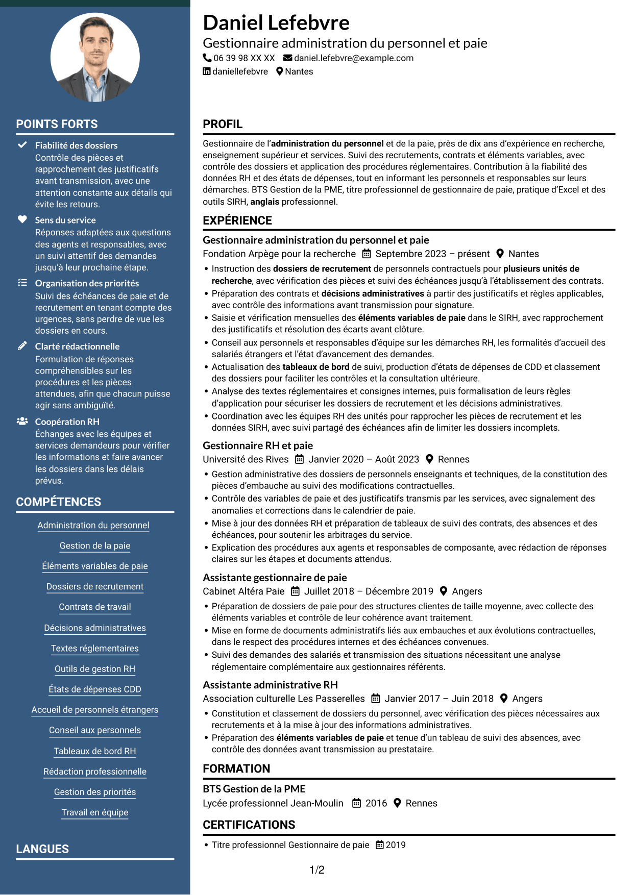 CV Élégant (format à colonne latérale colorée avec photo) : Gestionnaire administration du personnel et paie - Recherche publique, page 1