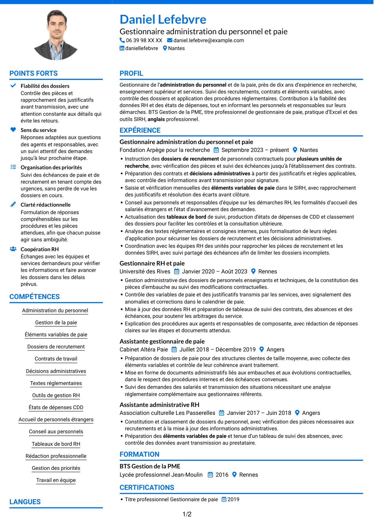CV Audacieux (format à deux colonnes avec accents colorés et photo) : Gestionnaire administration du personnel et paie - Recherche publique, page 1
