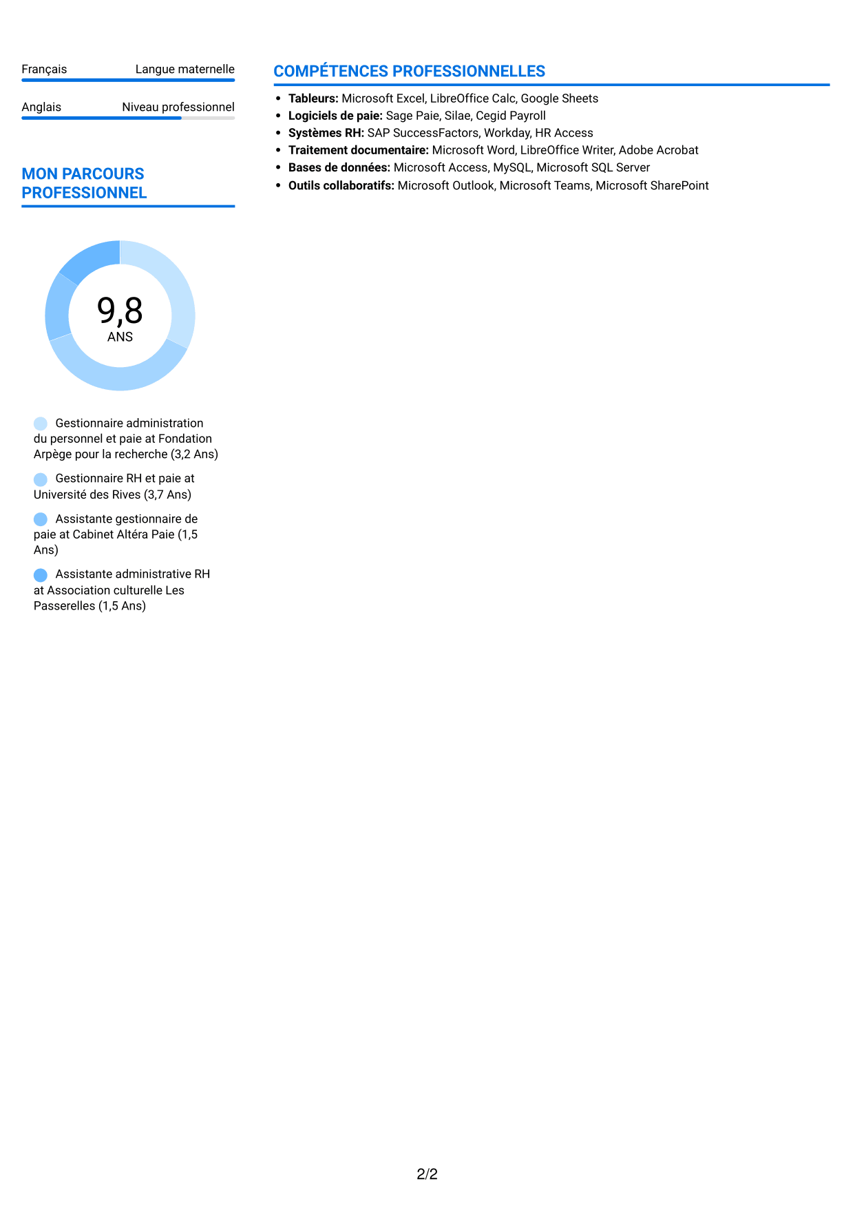 CV Audacieux (format à deux colonnes avec accents colorés et photo) : Gestionnaire administration du personnel et paie - Recherche publique, page 2