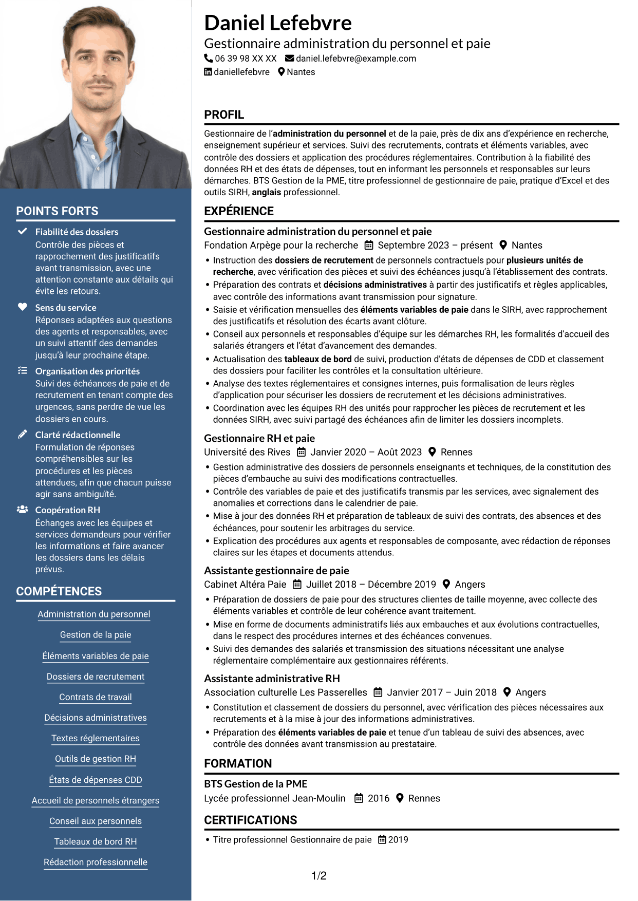 CV Signature (format à colonne latérale colorée avec grande photo) : Gestionnaire administration du personnel et paie - Recherche publique, page 1