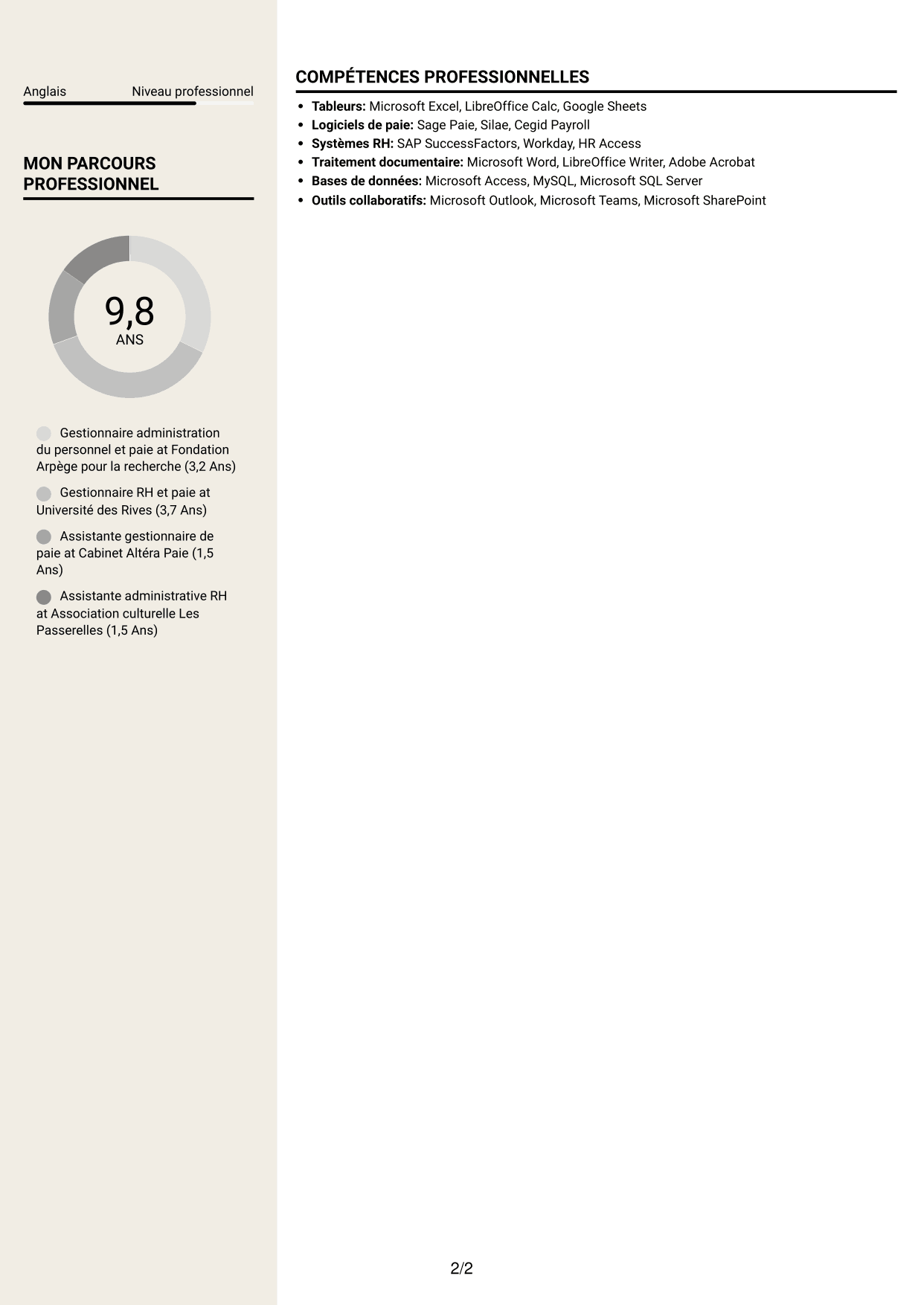 CV Fonceur (format à deux colonnes avec en-tête centré sans photo) : Gestionnaire administration du personnel et paie - Recherche publique, page 2