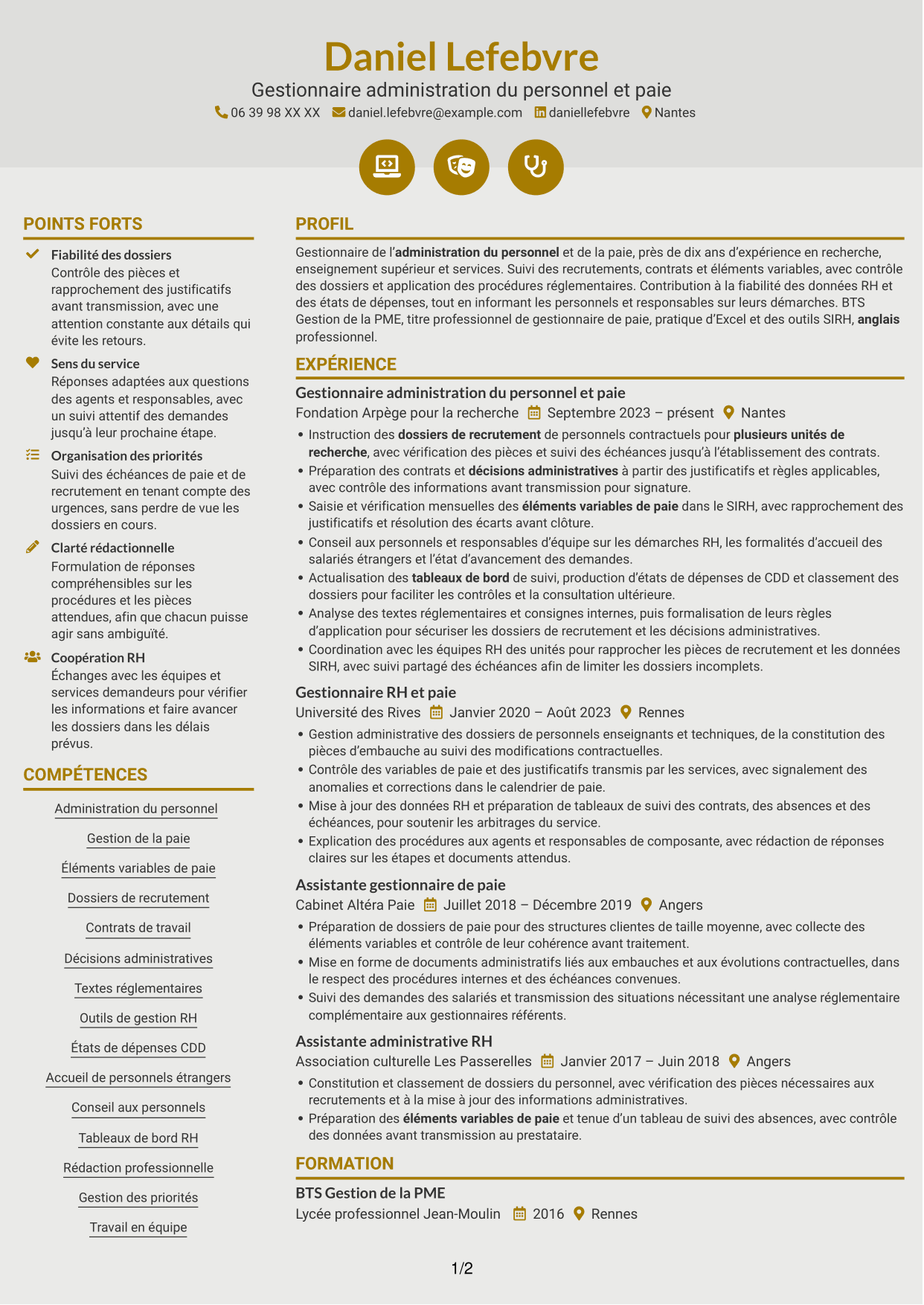 CV Dynamique (format à deux colonnes avec icônes) : Gestionnaire administration du personnel et paie - Recherche publique, page 1