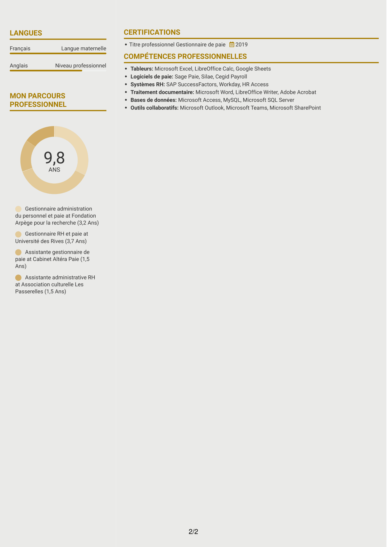 CV Dynamique (format à deux colonnes avec icônes) : Gestionnaire administration du personnel et paie - Recherche publique, page 2