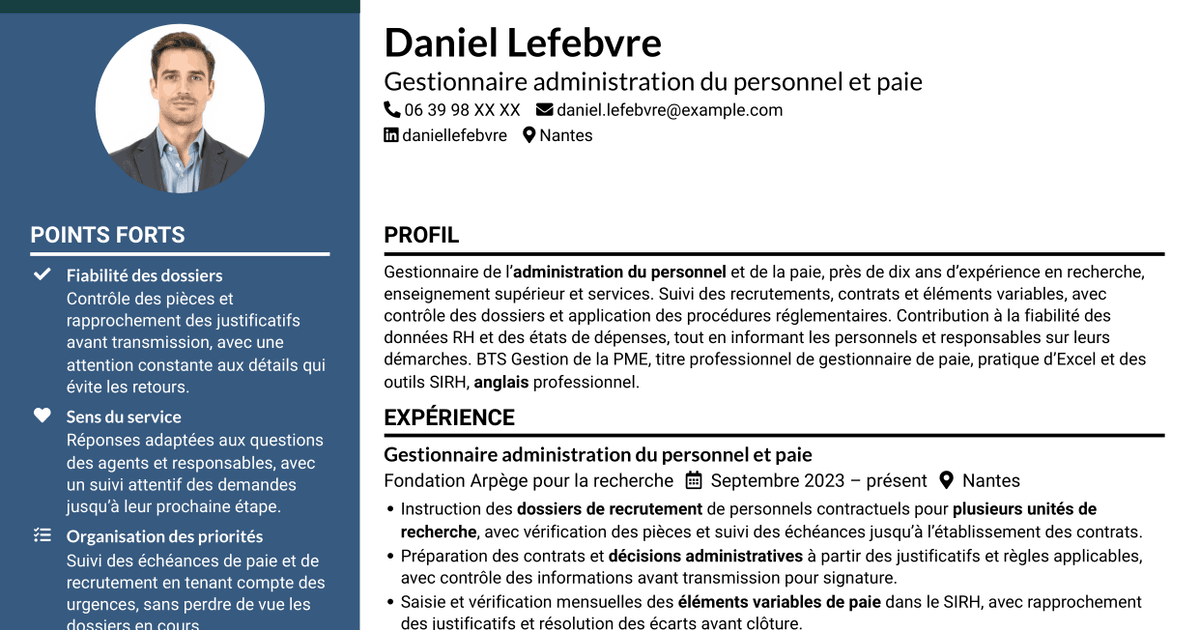 7 modèles de CV pour Gestionnaire administration du personnel et paie - Recherche publique, avec exemples