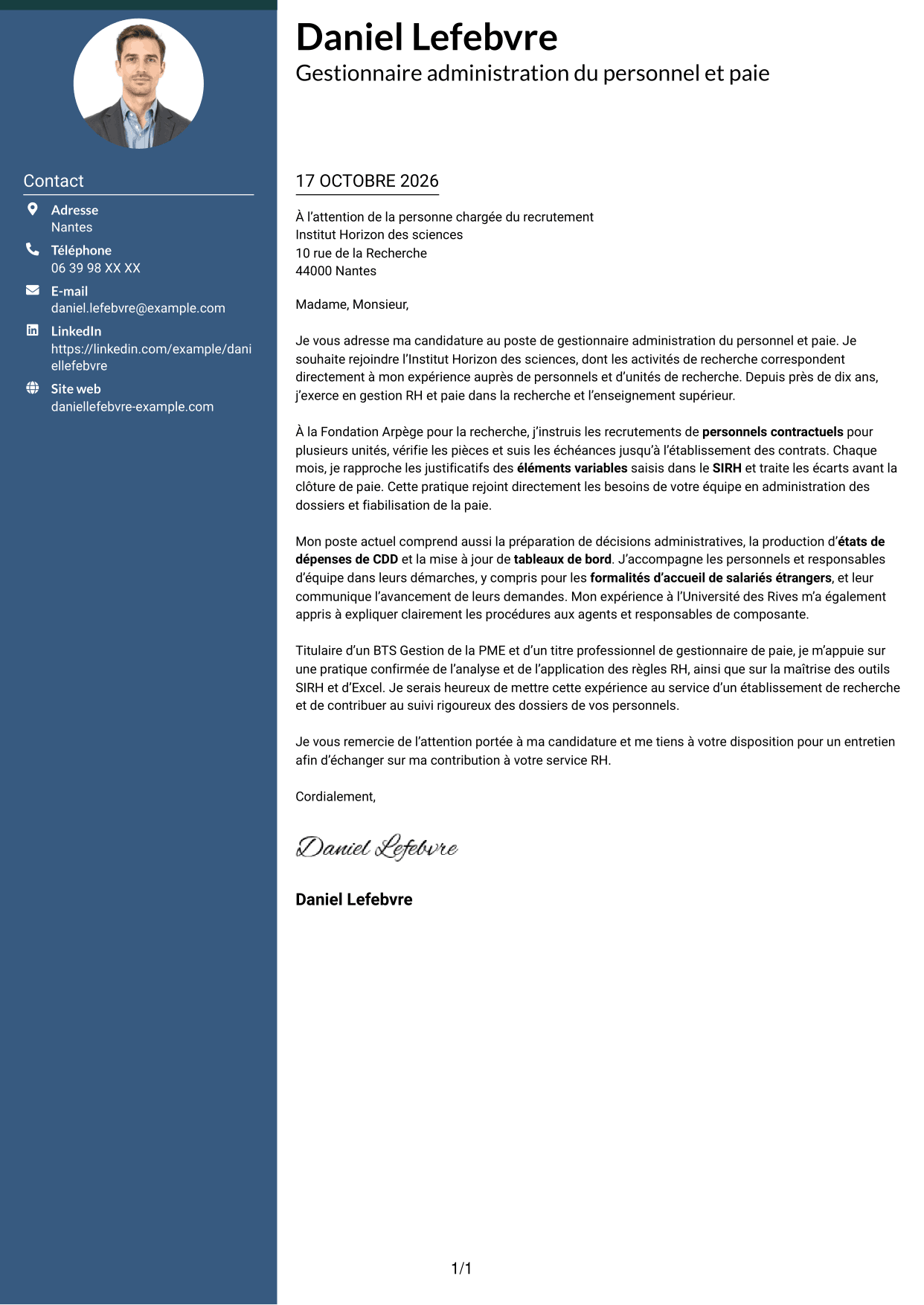 Lettre de motivation Élégant (format à colonne latérale colorée avec photo) : Gestionnaire administration du personnel et paie - Recherche publique, page 1