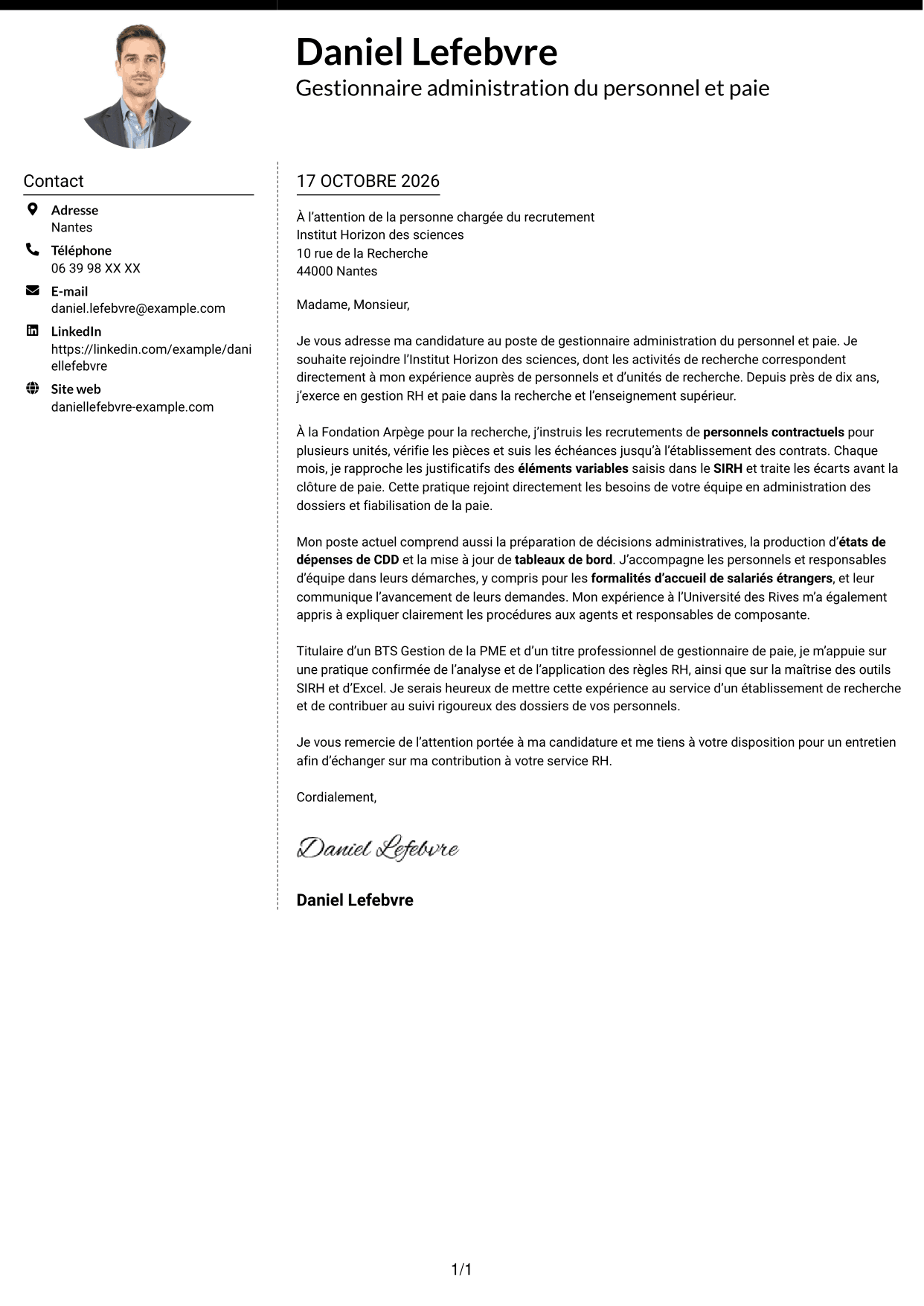 Lettre de motivation Moderne (format à deux colonnes avec photo à gauche et séparateur) : Gestionnaire administration du personnel et paie - Recherche publique, page 1
