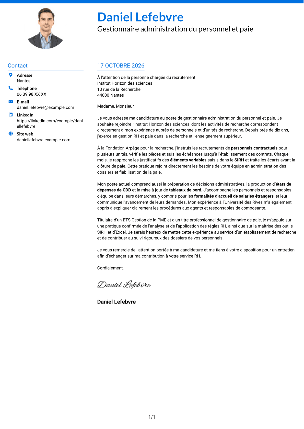 Lettre de motivation Audacieux (format à deux colonnes avec accents colorés et photo) : Gestionnaire administration du personnel et paie - Recherche publique, page 1